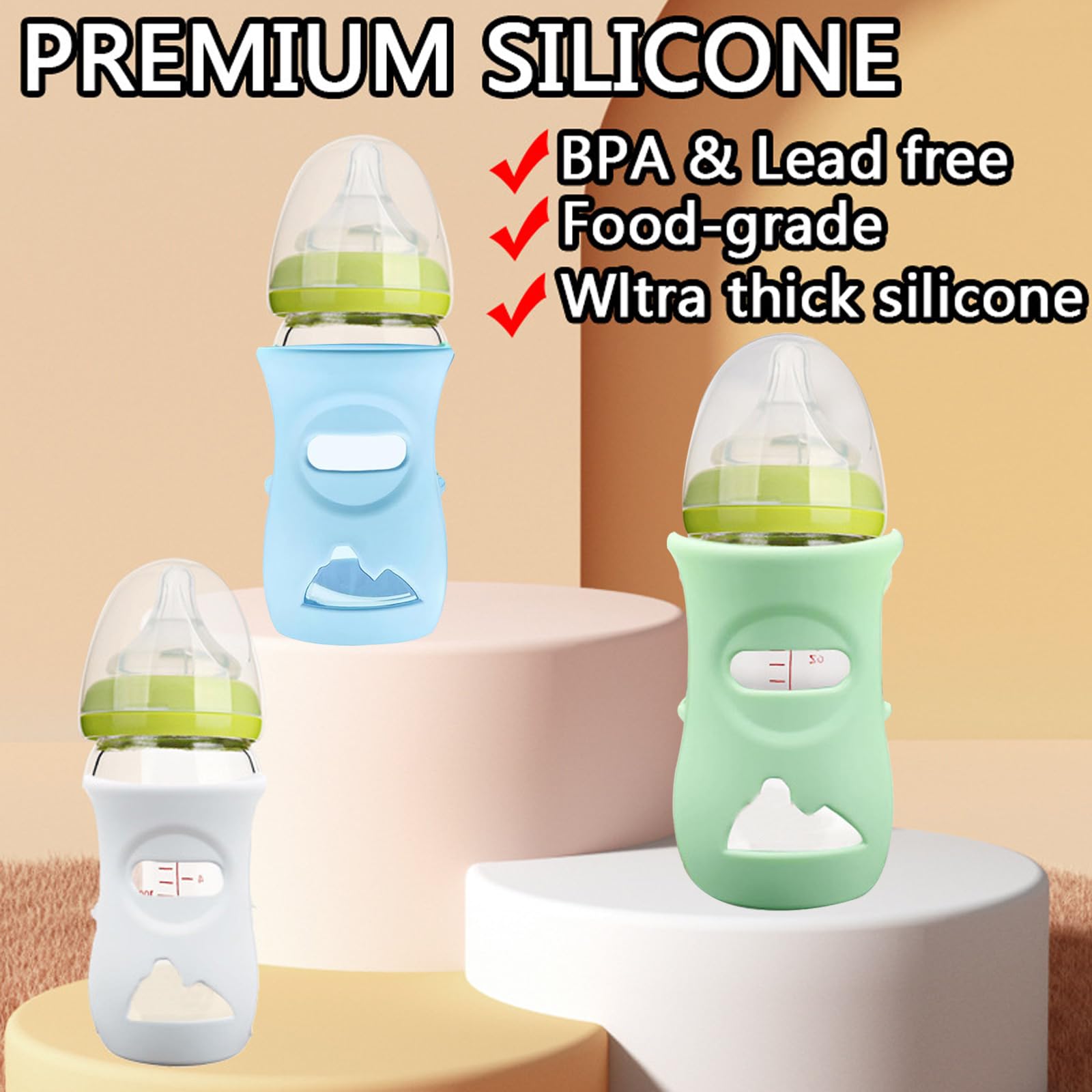 Confezione da 3 custodie in silicone per biberon Natural, in vetro, per biberon, infrangibili, compatibili in vetro da 240 ml