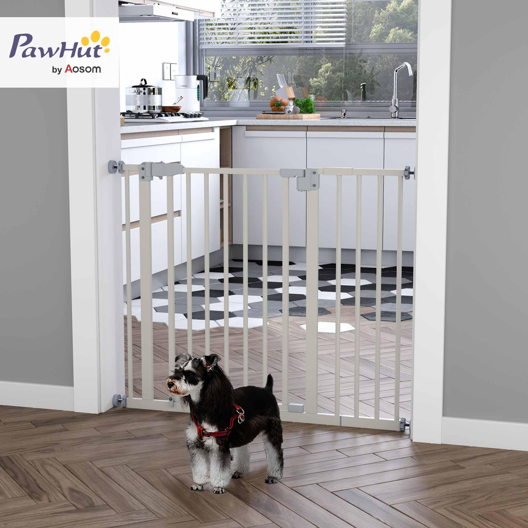 Pawhut - Barrera de Seguridad metálica para Puertas y escaleras con extensión de 17,5 cm, Sistema de Cierre automático 74,5-84,5 x 76,2 cm, Color Blanco
