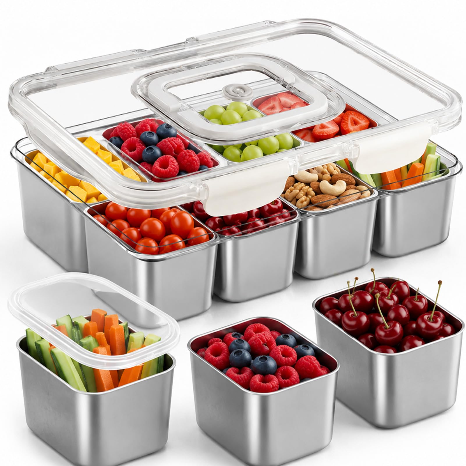 View 1 of [Lid is broken] Stainless Steel Snackle Box Container - 8 Compartment Divided Serving Tray