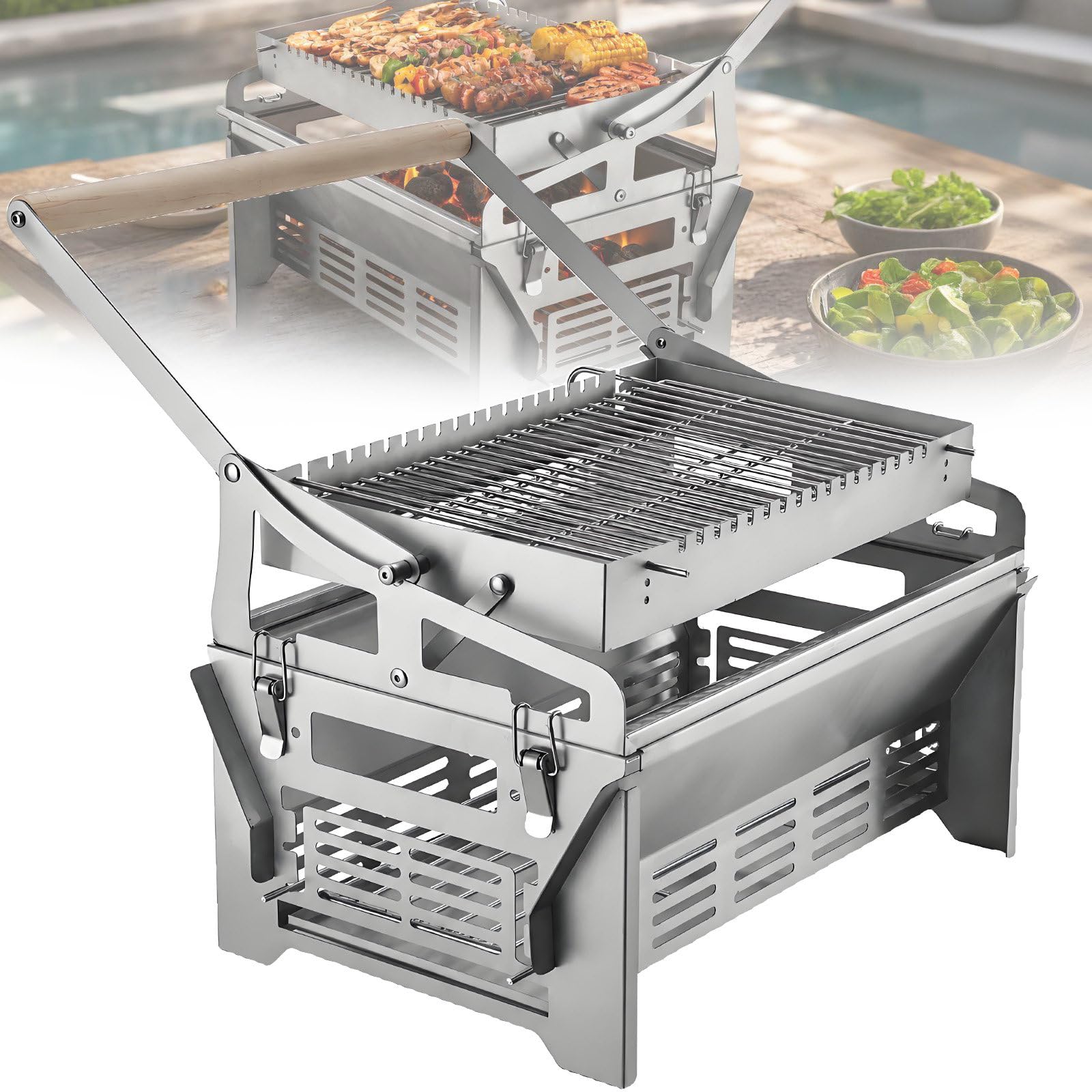 Barbecue da Campeggio Portatile con Cestello Ribaltabile e Manico in Legno | La struttura a incastro si monta rapidamente e senza griglia può essere utilizzata anche come piccolo braciere esterno.