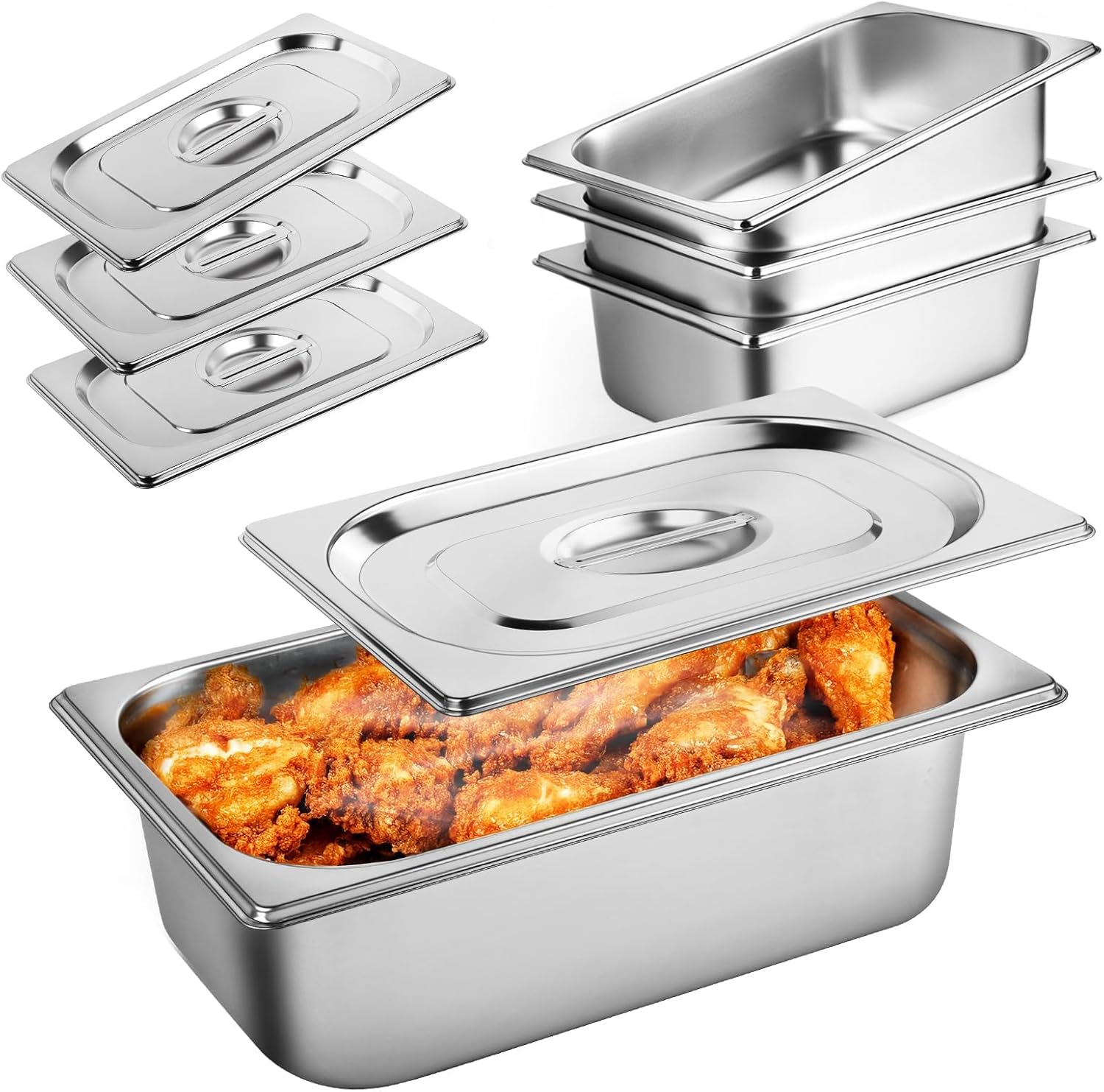 West Bay 4 Pack 1/4 Size Hotel Pan with Lids, 4'' Deep Steam Table Pan with Lid, 10.2''L x 6.3''W Stainless Steel Pans for Home, Party, Hotel, Buffet