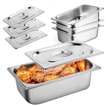 West Bay 4 Pack 1/4 Size Hotel Pan with Lids, 4 Deep Steam Table Pan with Lid, 10.2L x 6.3W Stainless Steel Pans for Home, Party, Hotel, Buffet