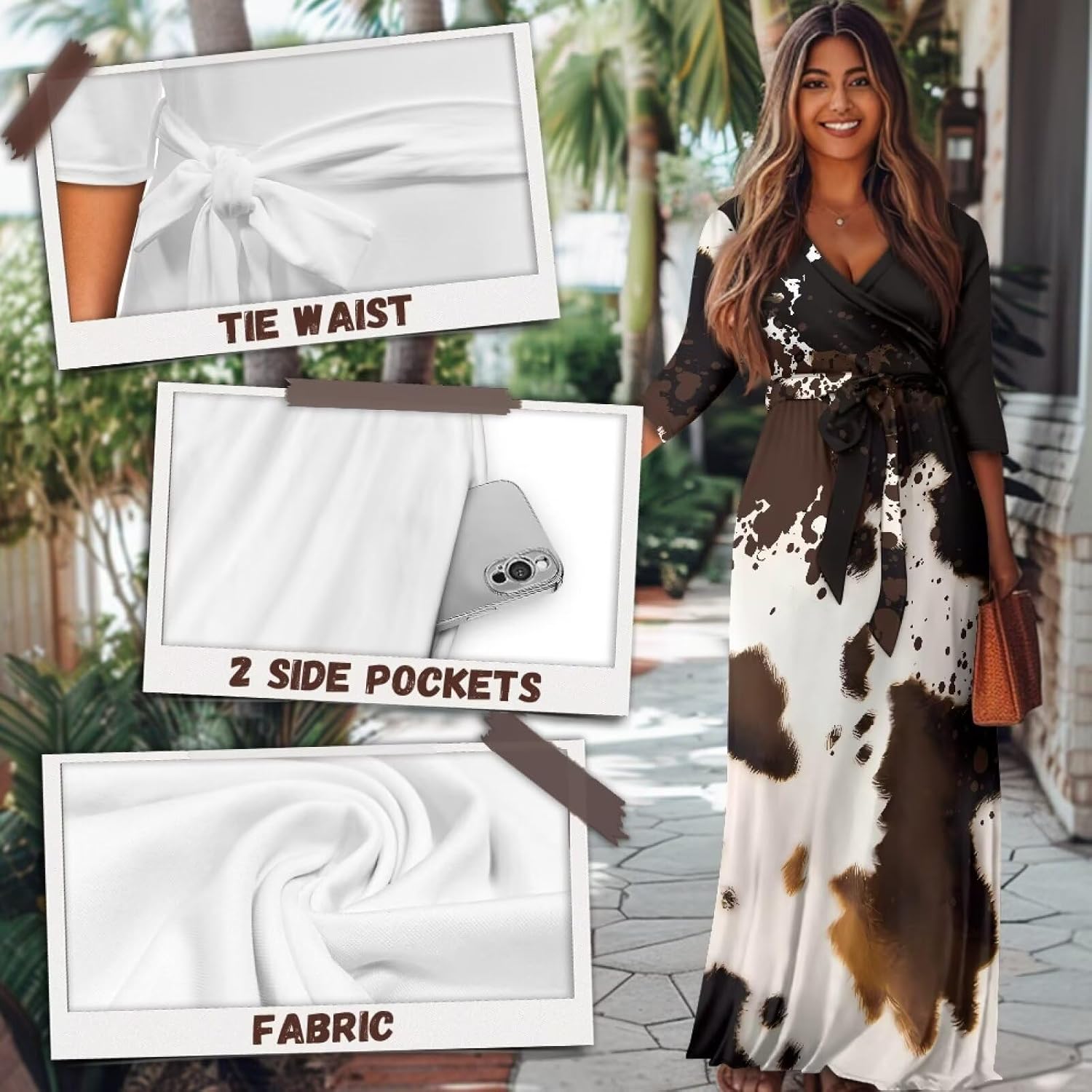 Women's Maxi Dresses 3/4 Sleeve V Neck Wrap Dress Casual Flowy Fall Plus Size Long Dress with Poctets Belt S-5XL