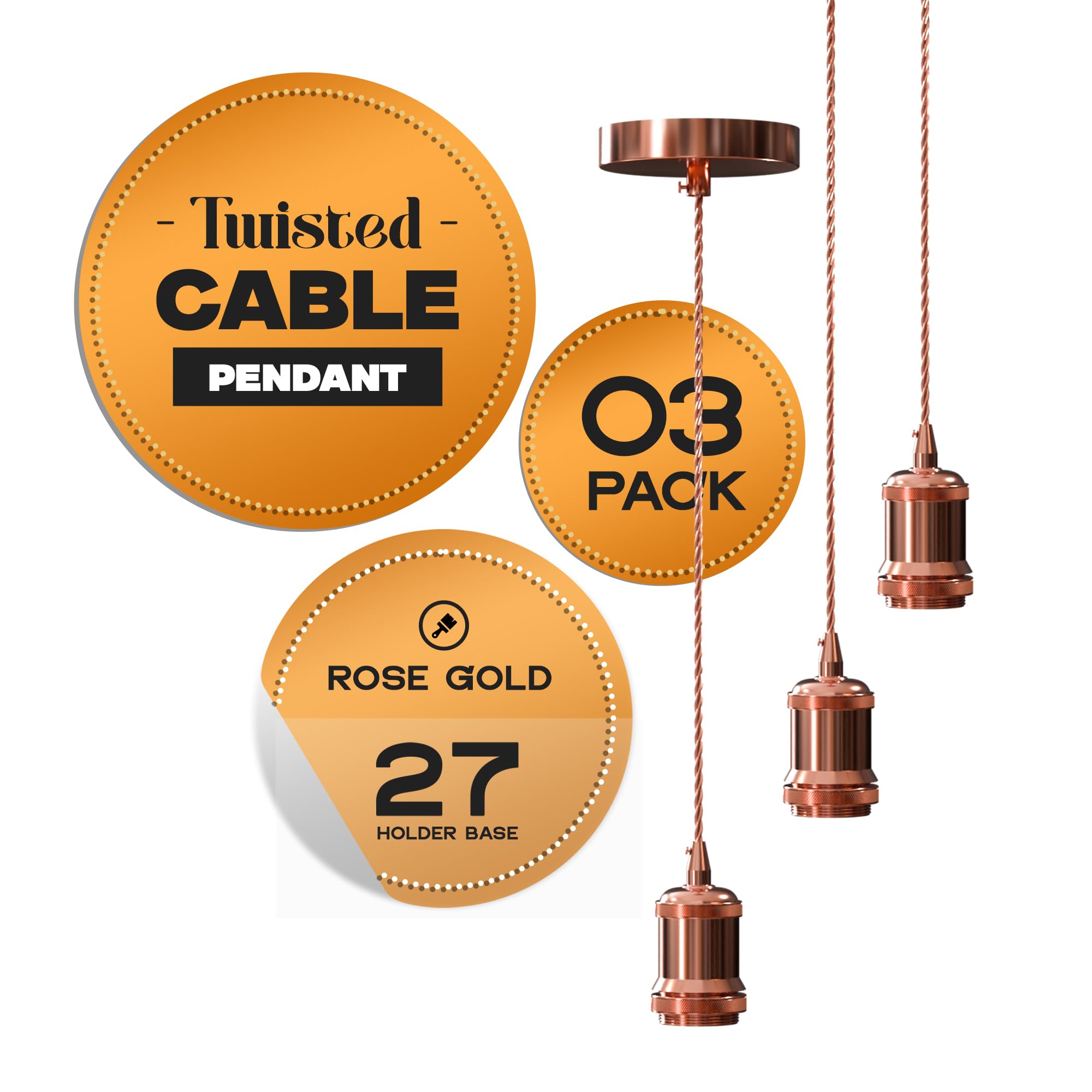 Vintage E27 Pendant Light Kit – 3 Pack Rose Gold Ceiling Light Fitting, Adjustable 2m Fabric Cable, Industrial Hanging Lamp Holder with Metal Ceiling Rose