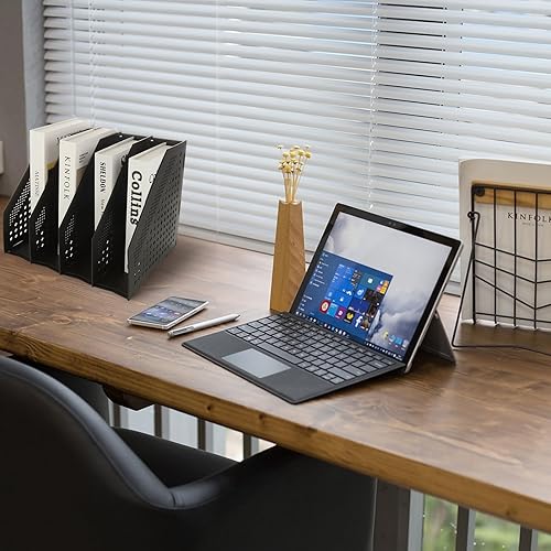 Miniatura 6 de Paquete de 2 soportes negros para archivadores de revistas, 4 compartimentos de plástico para escritorio, organizador de carpetas ajustables para