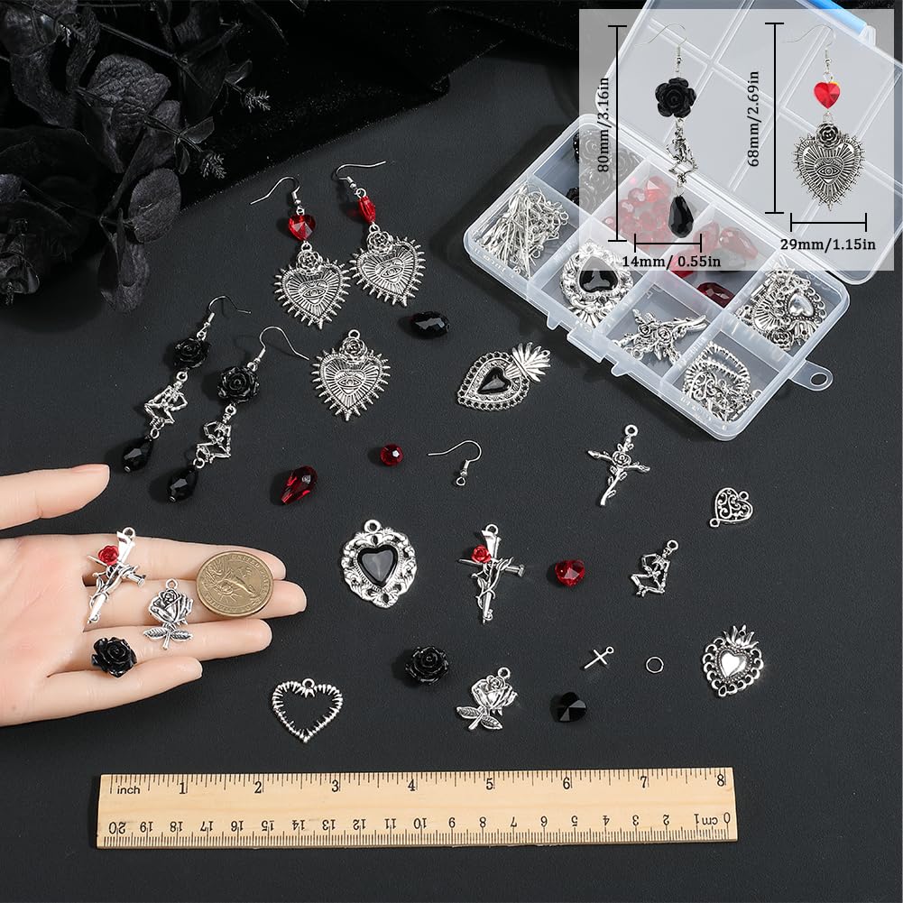 SUNNYCLUE 1 Box 10 works Halloween Earring Making Kits Gothic Heart Charms Cross Skeleton Skull Charm Rose Flower Red Black Glass Beads for jewellery Making Kits DIY Dangle Earrings Gift Supplies - Image 4