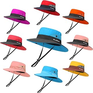 9 Pcs Summer Sun Hat UV Protection for 5-10Y Kids Girls Ponytail Beach Bucket Cap Wide Brim Girls Bucket Hat with Ponytail Hole for Beach Fishing Multicolor