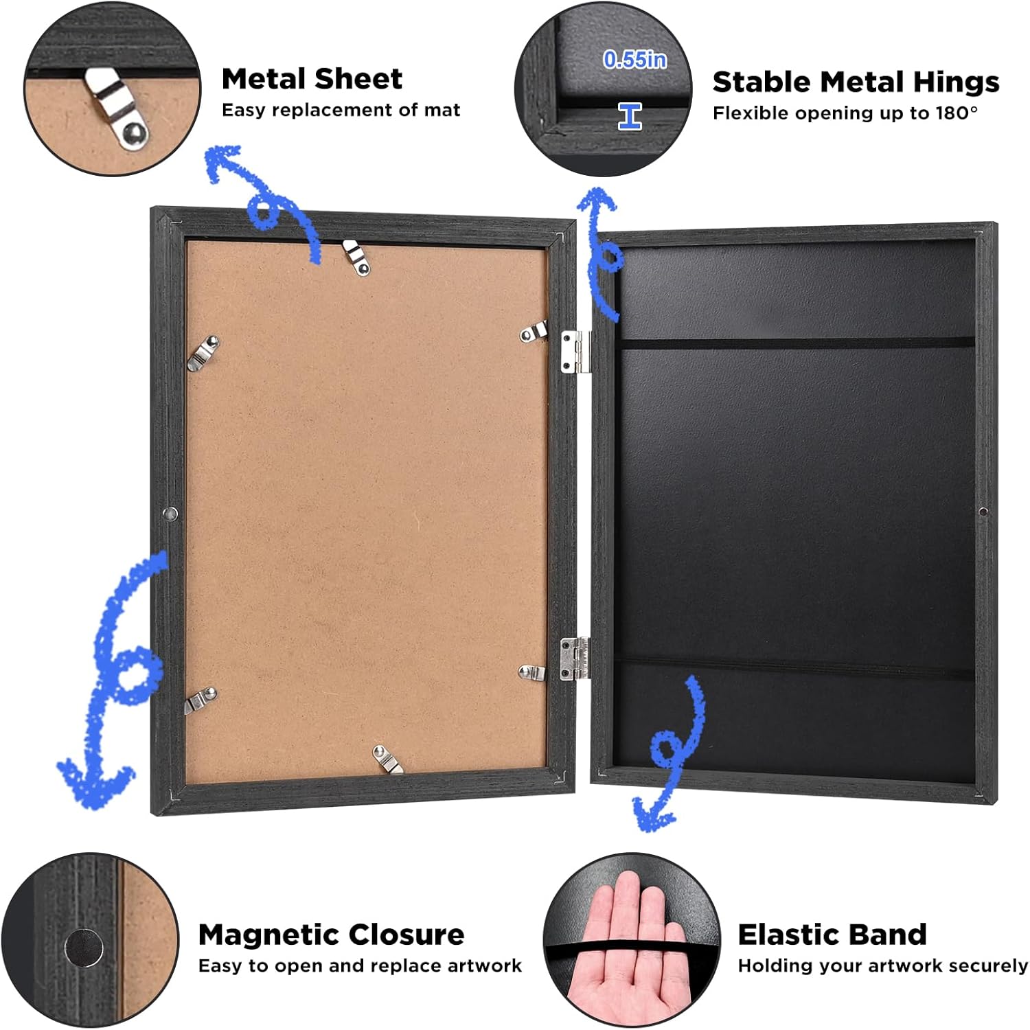 KINLINK 10x12.5 Kids Art Frames Set of 2, Solid Wood Kids Artwork Frames Changeable with Acrylic Front Opening Holds 150 Pictures, Art Frame for Kids Artwork with Mat or without Mat, Black Wood