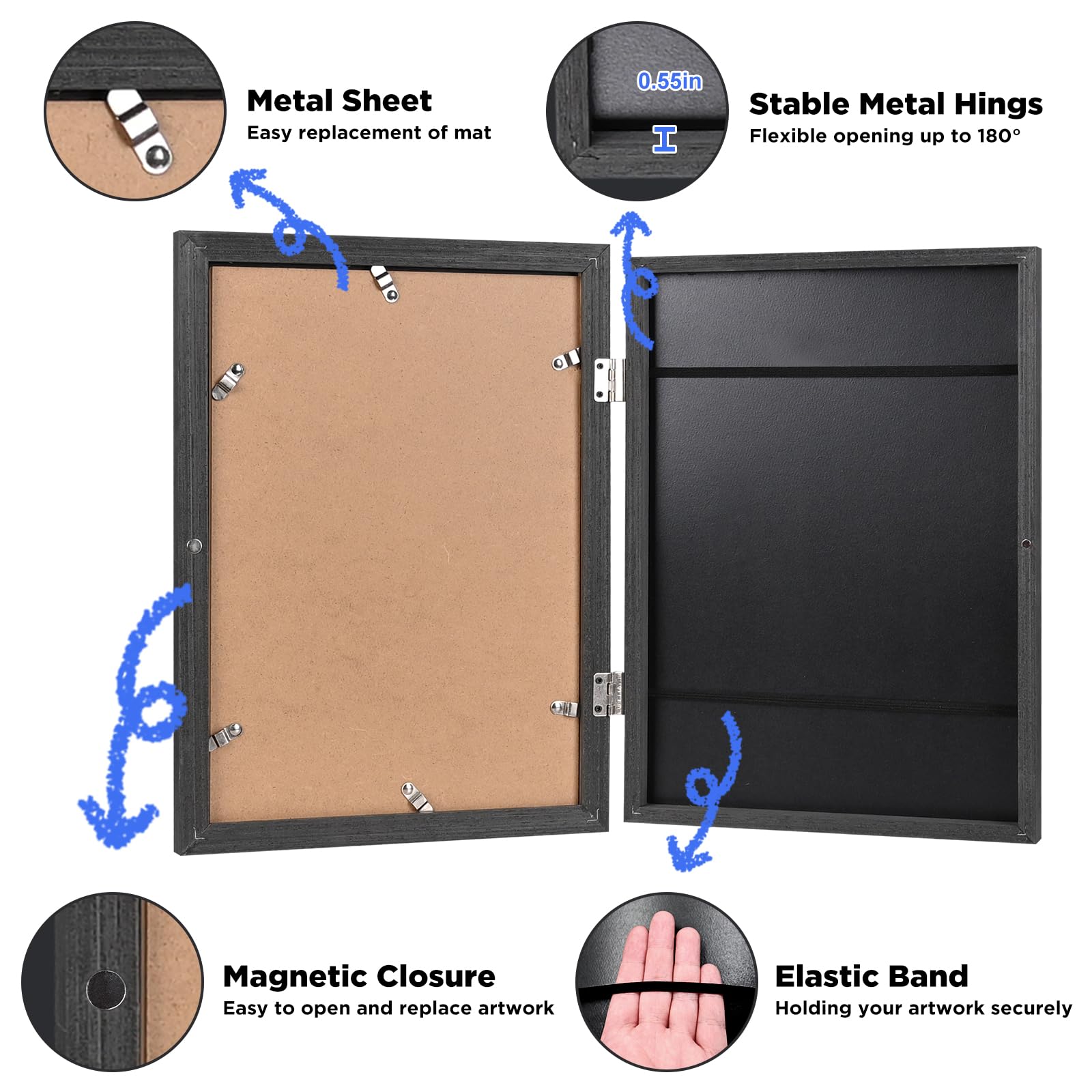 KINLINK 9x12 Kinder Kunstrahmen Frontöffnung 2 Stück, Holz-Bilderrahmen für 50 Bilder, Kunstrahmen für Kinder Kunstwerk mit Matte für A4 und 8,5x11 oder ohne Matte für 9x12, Schwarz