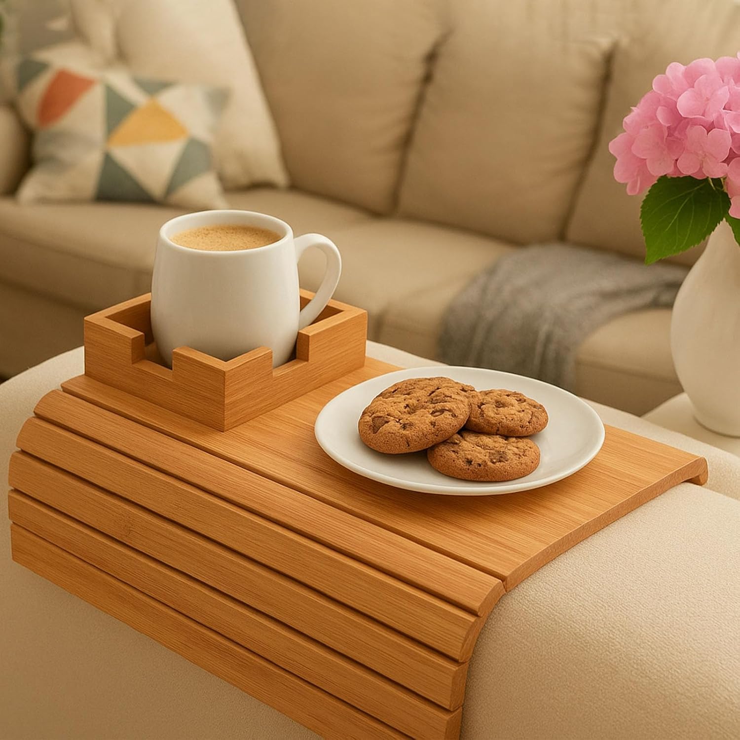 Wood Couch Cup Holder, Bamboo Couch Cup Holder for Drink & Snack, Anti-Slip Foldable Bamboo Couch Arm Tray & Cup Holders for Drinks Cellphone TV Remote Snacks (Set-A)