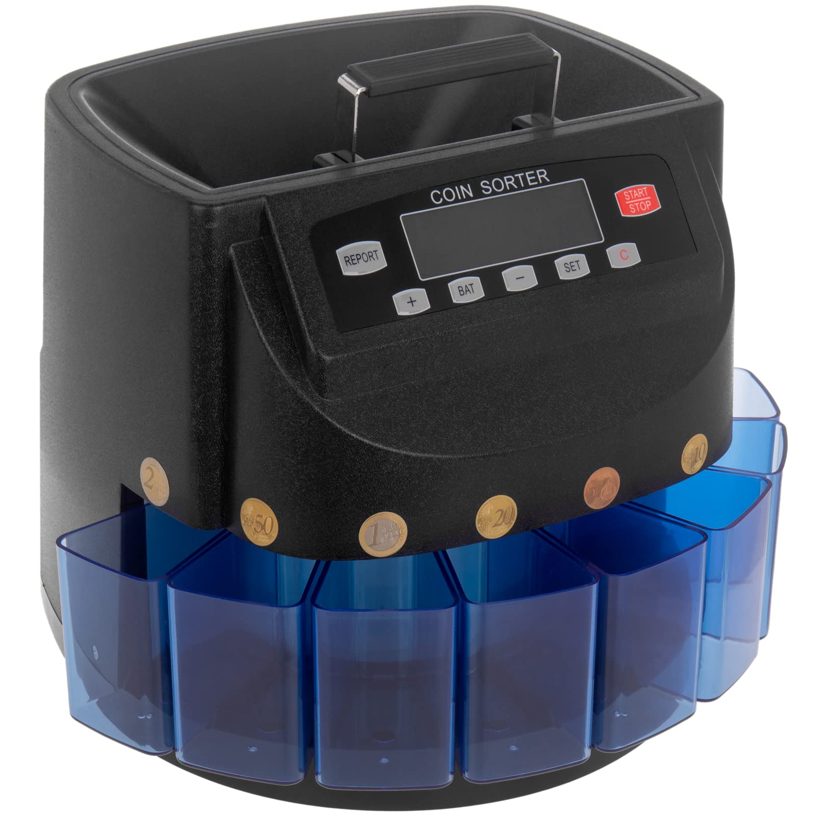 PrimeMatik - Contador de Monedas Negro para Euro con clasificador automático y Visor Multi-Moneda