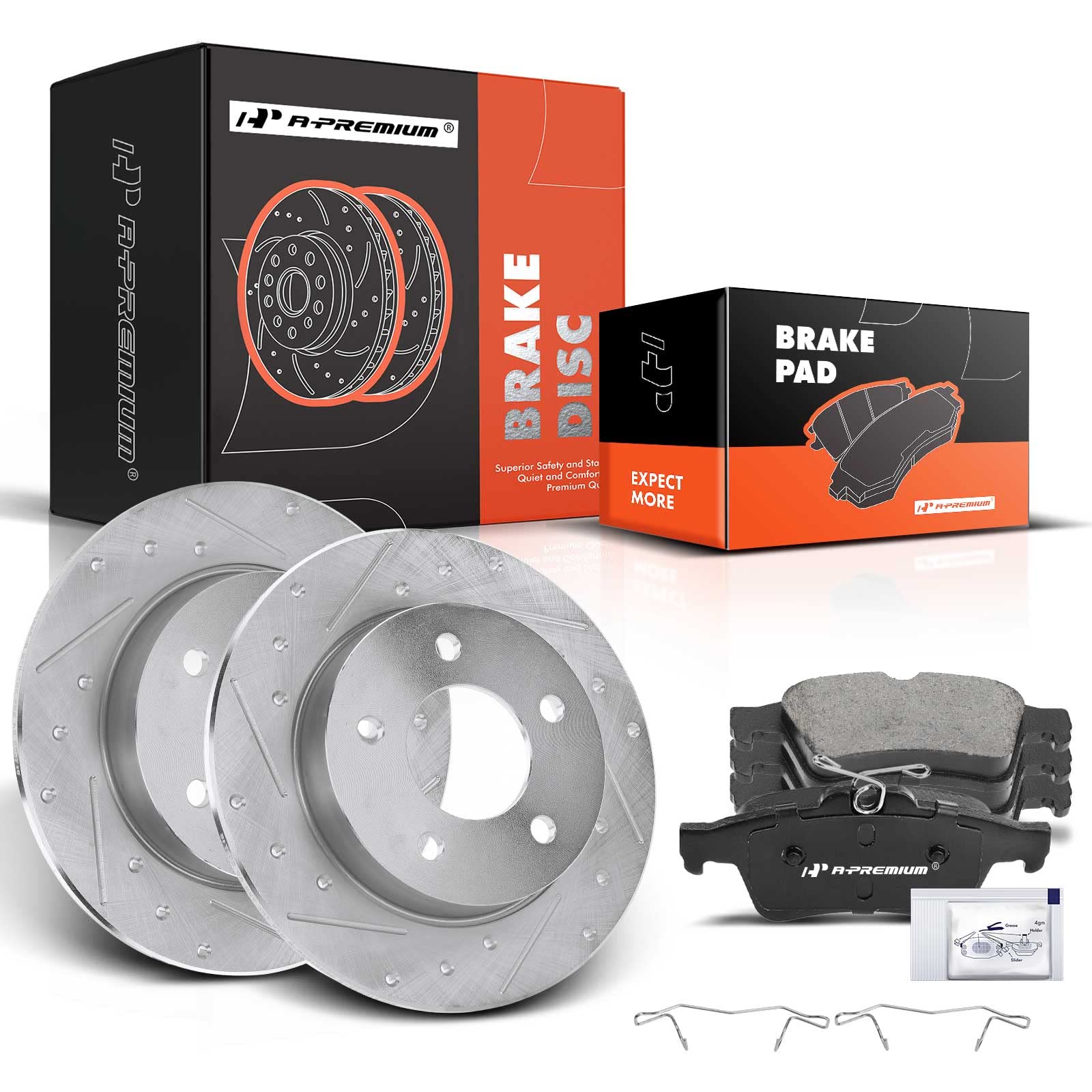 A-Premium 10.43 inch (265mm) Rear Drilled and Slotted Disc Brake Rotors + Ceramic Pads Kit Compatible with Select Mazda Models - 3 2005 2006 2007 2008 2009 2010 2011 2012 2013, 6-PC Set