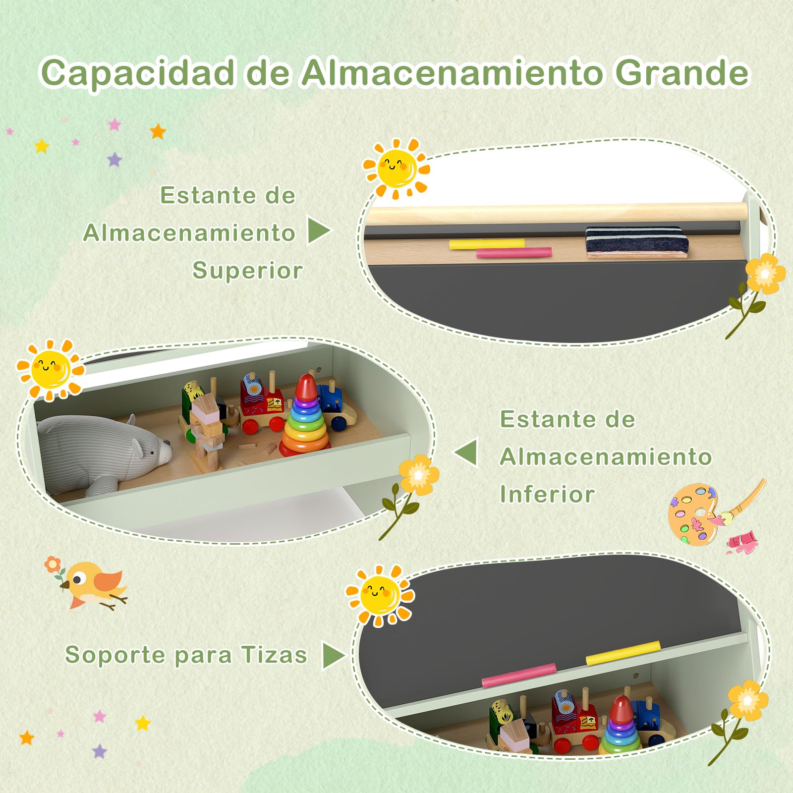 GOPLUS Juego de Caballete y Silla para Niños, Caballete con Pizarra Doble Cara, Mesa y Silla de Dibujo para Niños, con Bobina y Estante para Materiales, Caballete con Forma de Árbol para Pintar