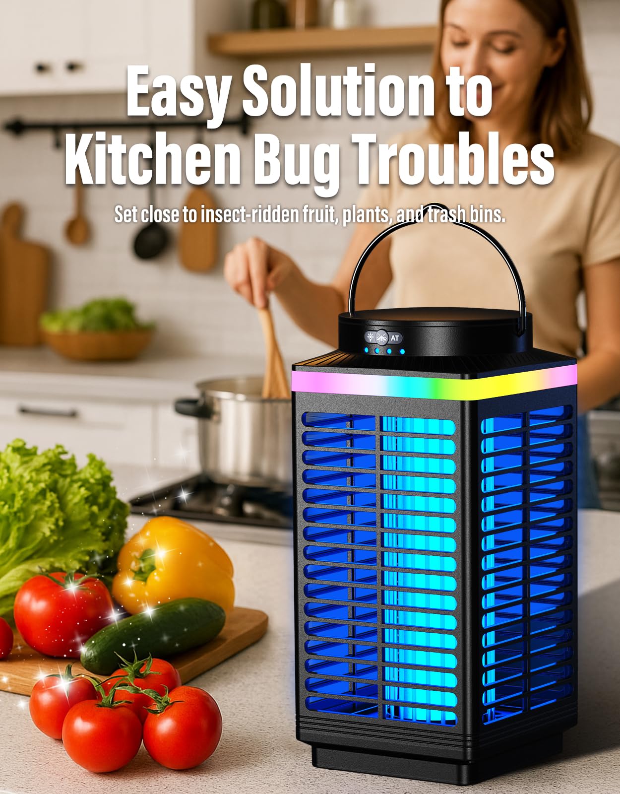 Bug Zapper Outdoor Kabellos, 4200V Elektrischer Mückenzapper mit LED Blaulicht, 3 in 1 Tragbarer & Wiederaufladbarer Bug Zapper Outdoor Wasserdicht IP67, Kabelloser Hängender Fliegenvernichter für