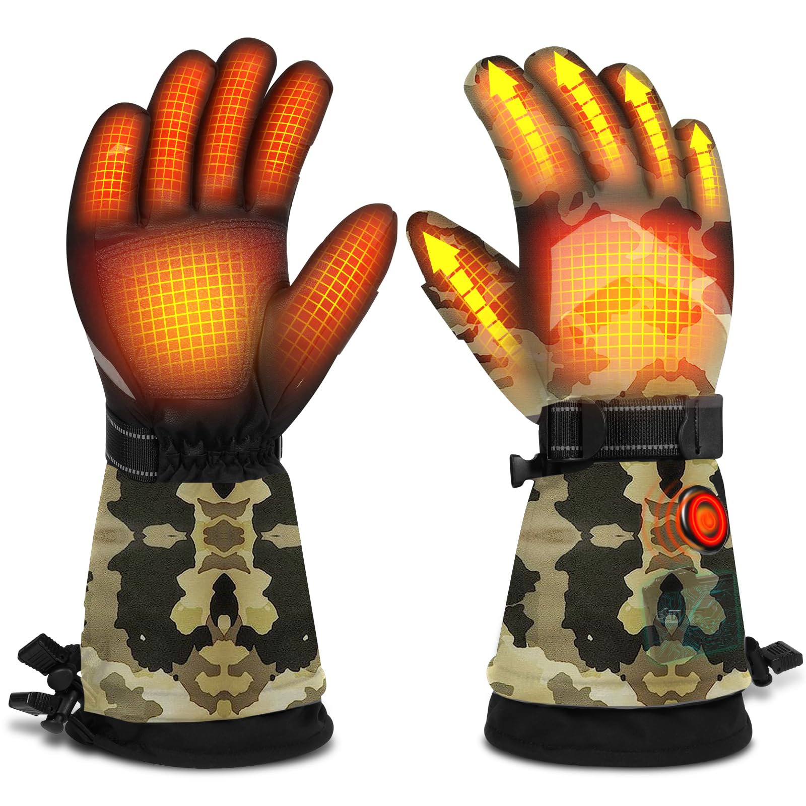 Heated Gloves for Men Women, Ski Winter Glove 7.4V 22.2Wh Rechargeable Battery, Waterproof & Double Windproof Electric Camo Gloves for Outdoor Skiing Hunting Hiking Camping (XL)