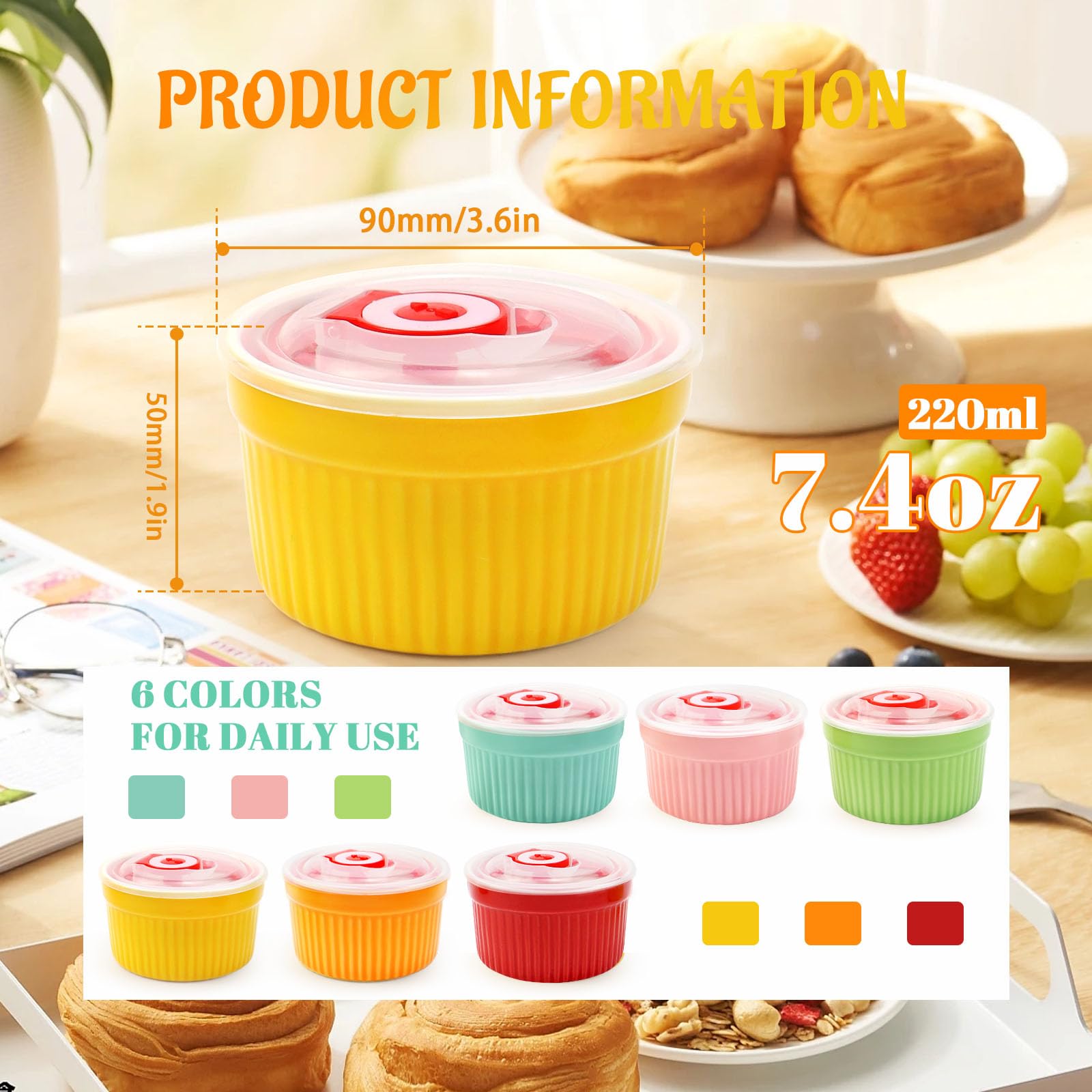 Cuencos de cerámica para crema brulee, 6 piezas, Ø9cm 220ml, moldes para soufflé con tapa, aptos para horno, cuencos para postres, mini molde para horno de color, para hornear en la cocina