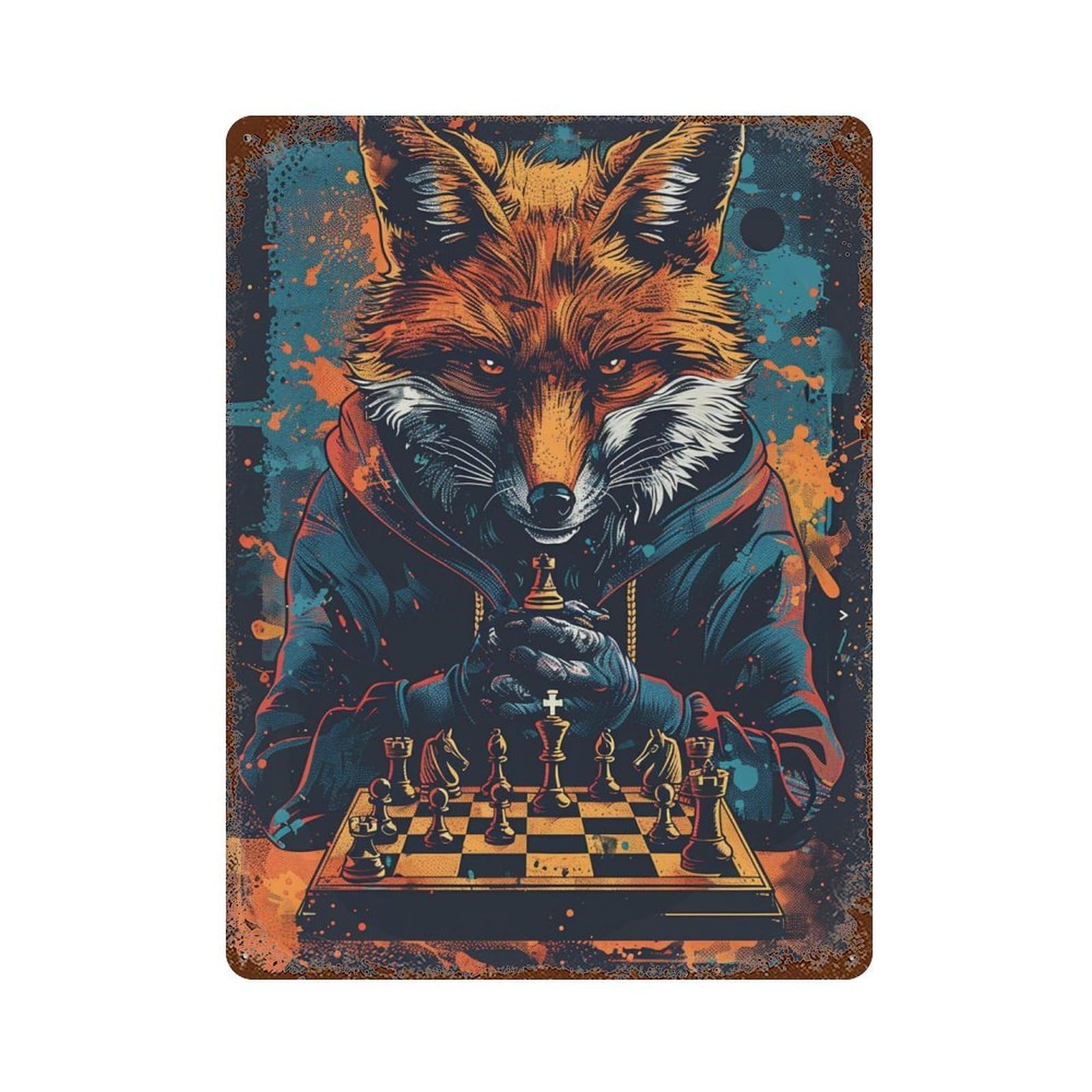 Fox Master Chess Strategy Aged Metal Wall Plaque 15.7"x11.8", for Office, Studio And Wall Decor, Novelty Wall Decor