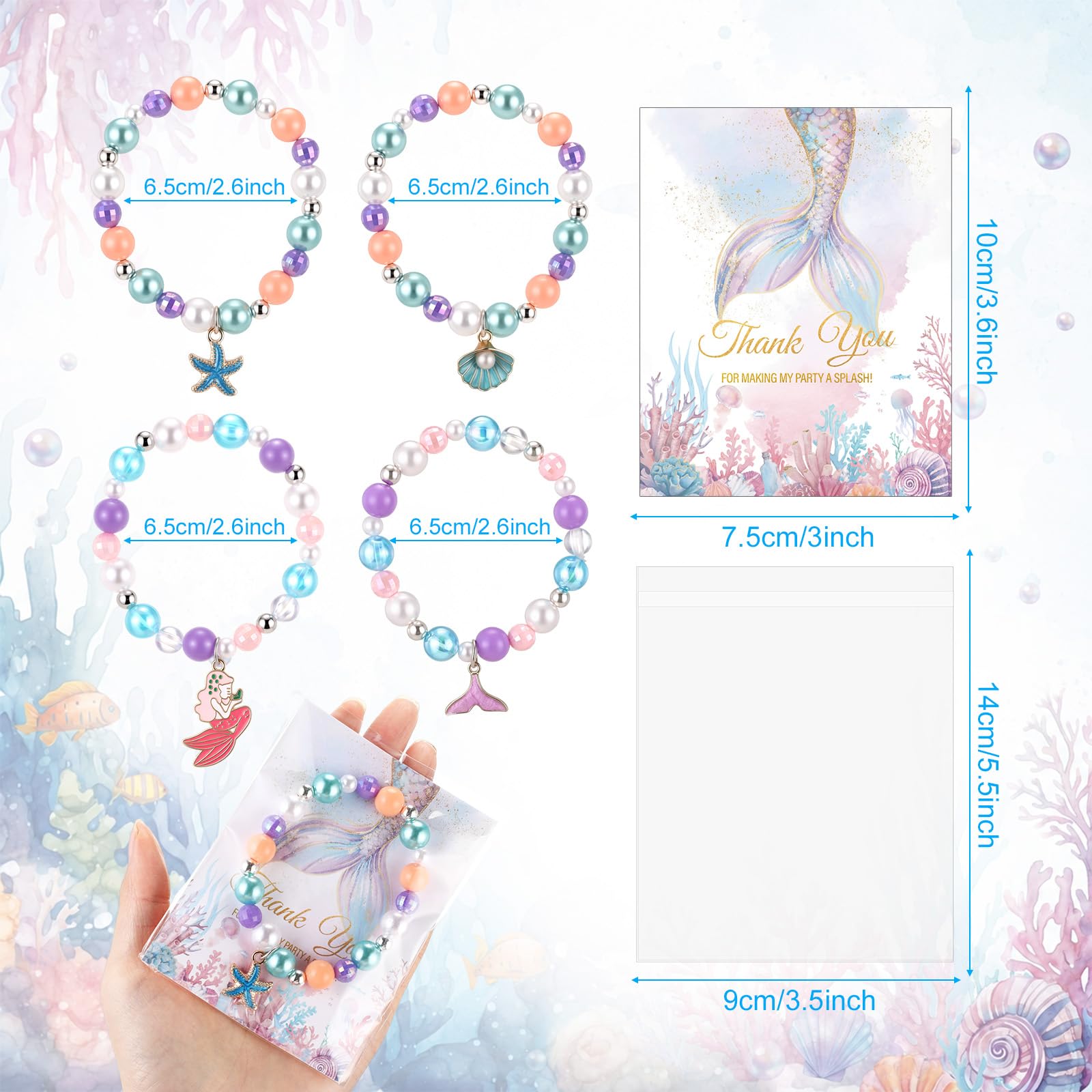 Misdary 12 Set Mermaid Party Favors Kids Beaded Bracelets Thank You Cards Goodie Bags Gifts Theme Party Accessories for Girls Jewelry Princess Birthday Prize Gifts Birthday Decorations