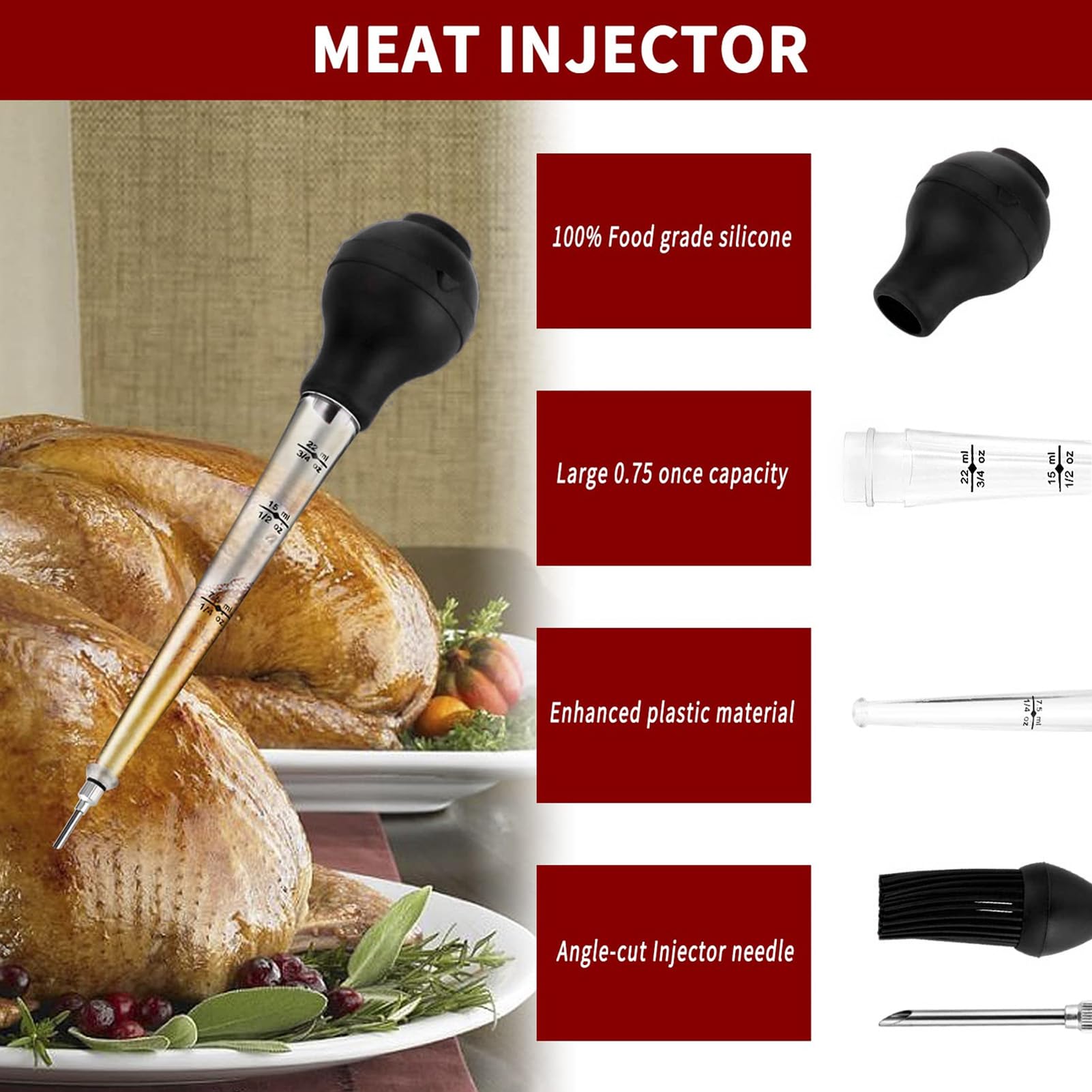 Turkey Baster, Stainless Steel Baster Tool Baster for Cooking Large Turkey Baster with Cleaning Brush and Needle for Meat Beef Chicken (Black)