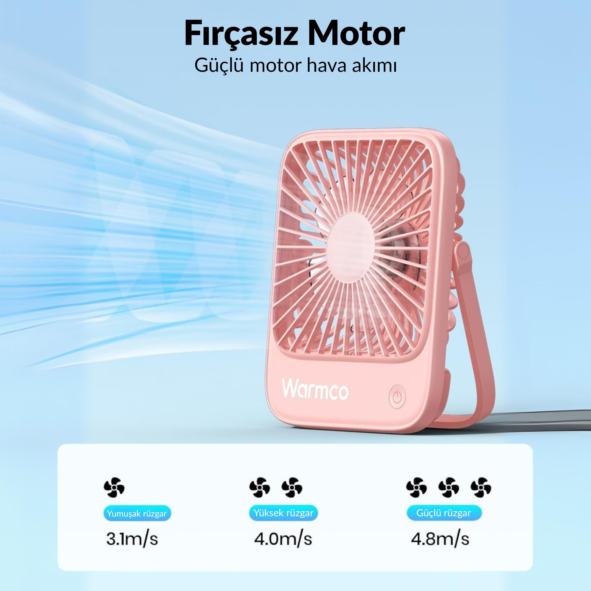 Warmco D1 Masaüstü Vantilatör USB ve Type-C Bağlantılı Taşınabilir Ultra İnce Soğutucu Fan Pembe