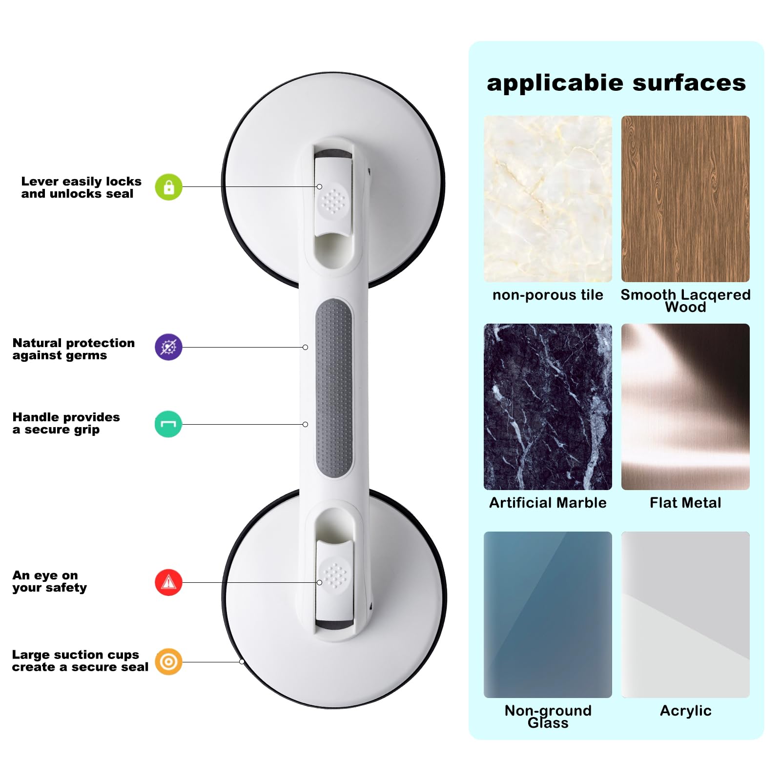 Mango de ducha para bañeras y duchas, agarre fuerte con ventosa, mango de baño, barras de agarre resistentes para discapacitados, ancianos y personas mayores (gris)
