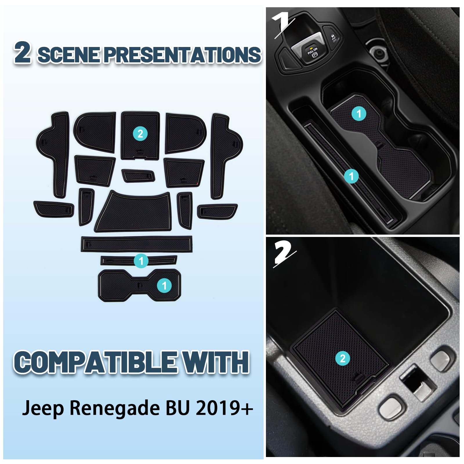 Tapis Caoutchouc Pour Console Centrale Jeep Renegade BU 2015-2018 - Lot De 17 Pièces Blanc Antidérapant