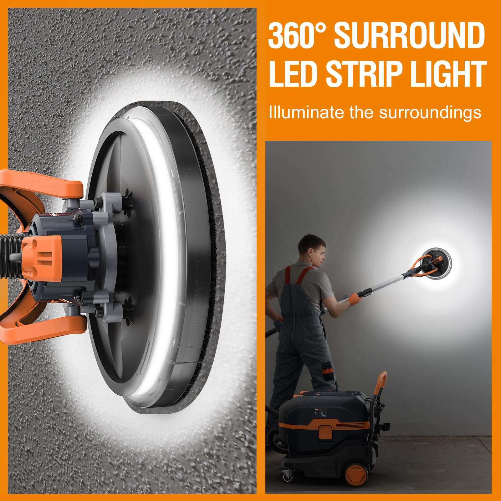 MAXXT Levigatrice per cartongesso brushless – Doppio canale per aspirazione a soffitto, canale singolo/doppio per pareti in cartongesso, luce LED, 600–1200 giri/min, 550 W, piattello 215 mm