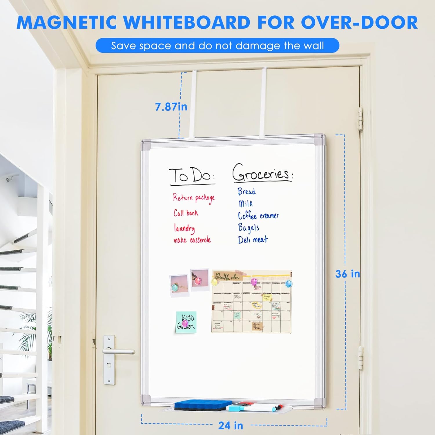 Magnetic Dry Erase Board for Doors, 36x24 Inch Whiteboard with Adjustable Long Arm Hook Mount - Easy to Install, Portable Hanging White Board for Home, Dorm Room, Office Cubicle & Small Spaces