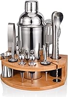 Esmula 12-Piece Bartender Kit with Bamboo Stand & 25oz Shaker - Pro Stainless Steel Bar Tools, Cocktail Recipes for Home Mixologists (Silver)