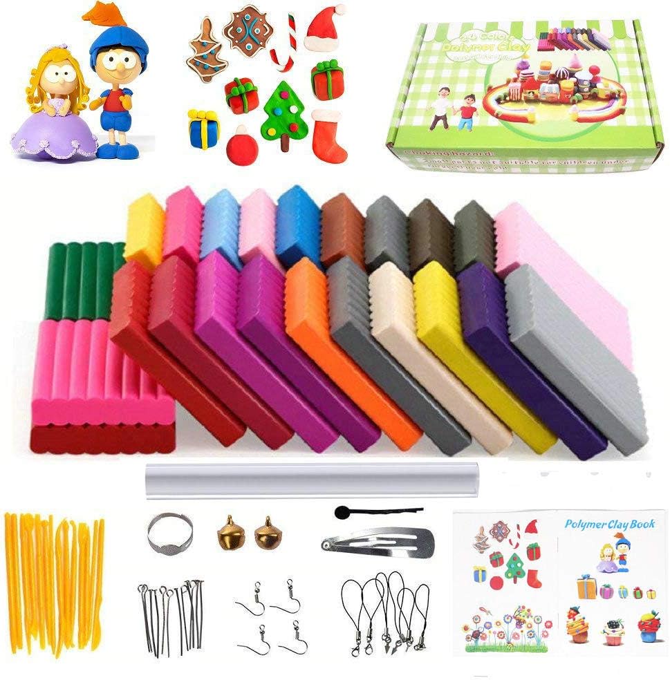 Polymer Clay, 24 Colors Rolling Pin Oven Bake DIY Safe and Nontoxic Colorful Soft Modeling Clay Craft Set, with 14 Sculpture Tool Accessories and Manuals