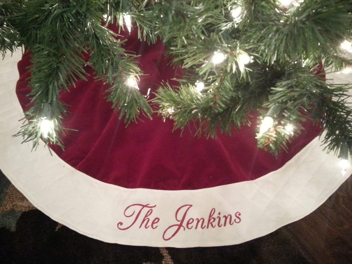 Personalized 54” Christmas Tree Skirt Red Velvet with Ivory Cream or White Quilted Trim