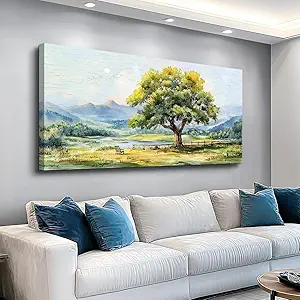QIYILEXWART Canvas Wall Art For Living Room Wall Decor For Bedroom Office Wall Decoration Green Tree Landscape Painting Farmhouse Pictures Artwork Room Aesthetic Home Decor 20x40 In