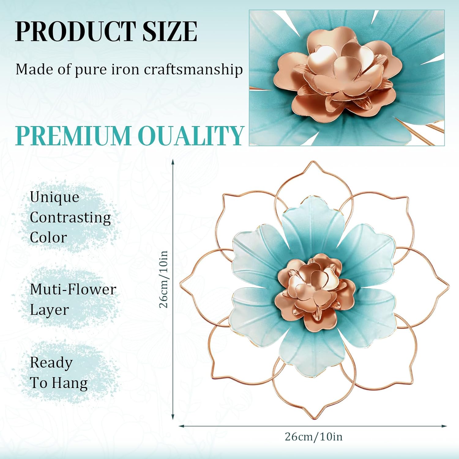 Tandefio 3 Pcs 9.5 Inches Metal Flower Wall Decor Floral Decoration, Metal Flower Wall Art Sunroom Decor Iron Hangings for Living Room Bathroom Bedroom Home Indoor Outdoor(Blue)