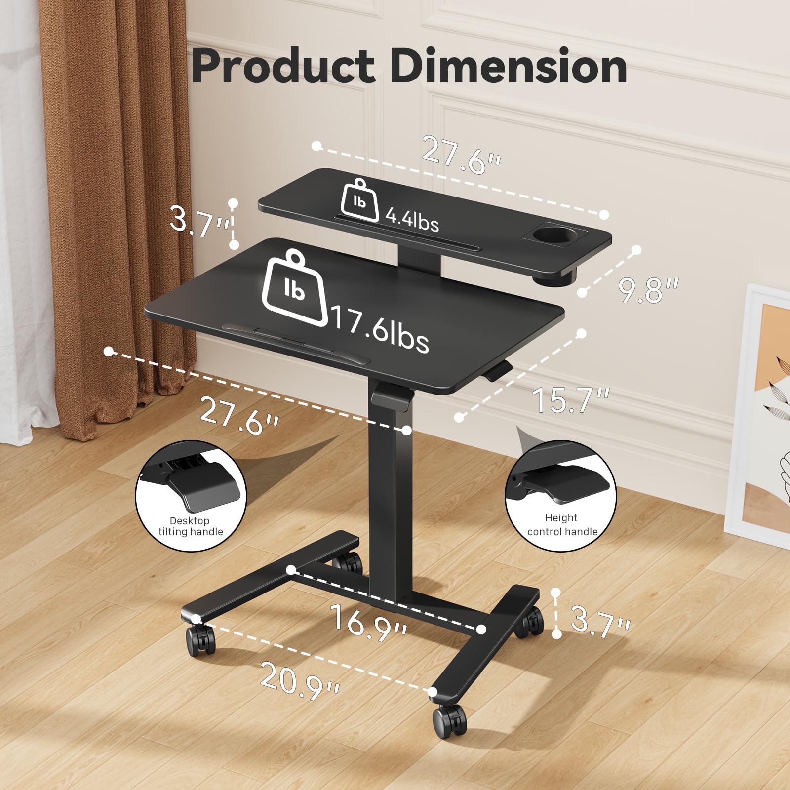 28Inch Rolling Standing Desk On Wheels Small Computer Workstation Adjustable Height Mobile Laptop Stand with Tiltable Desktop 2-Tier — view 2