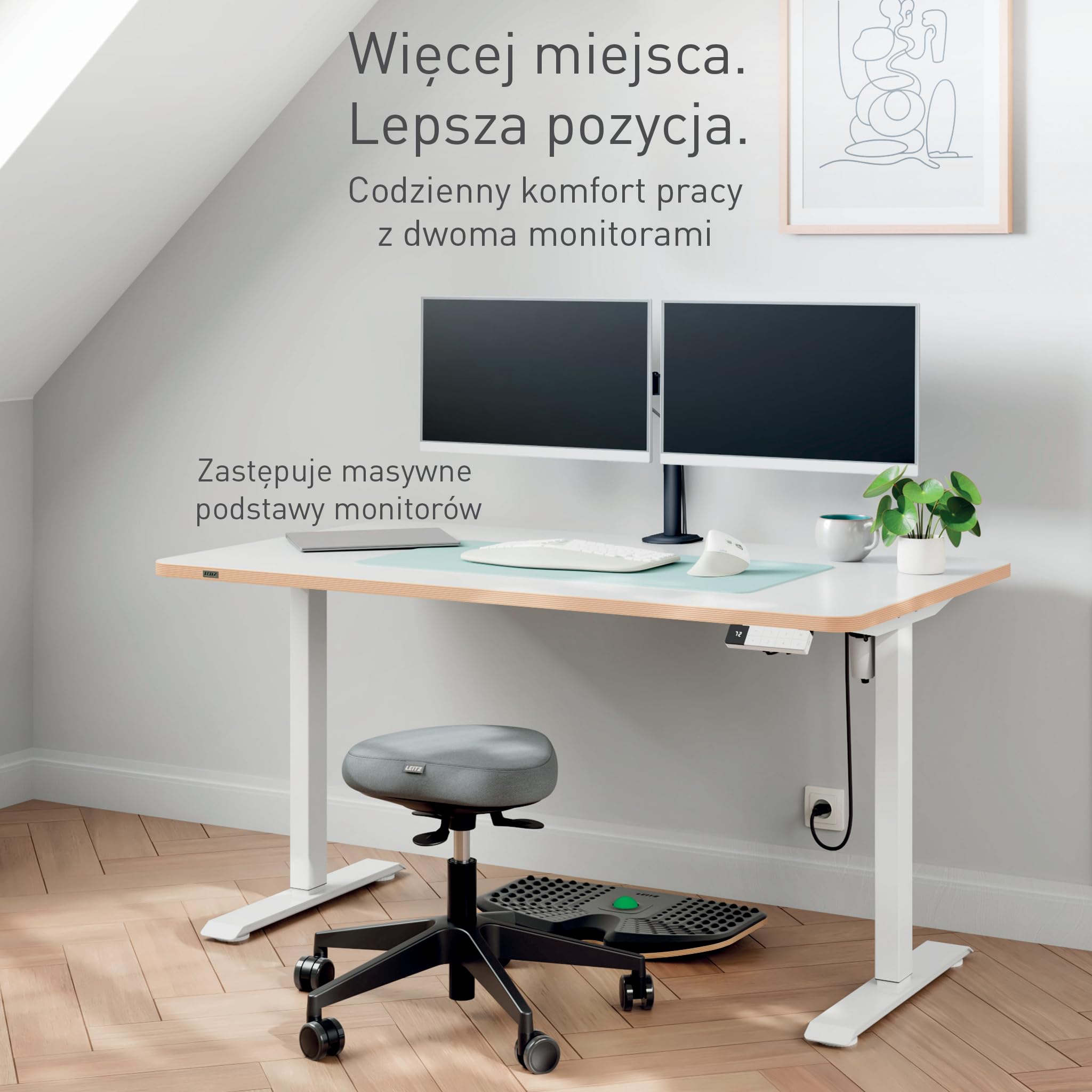 Leitz Ergo Slim uchwyt na 2 monitory ergonomiczny, oszczedza miejsce
