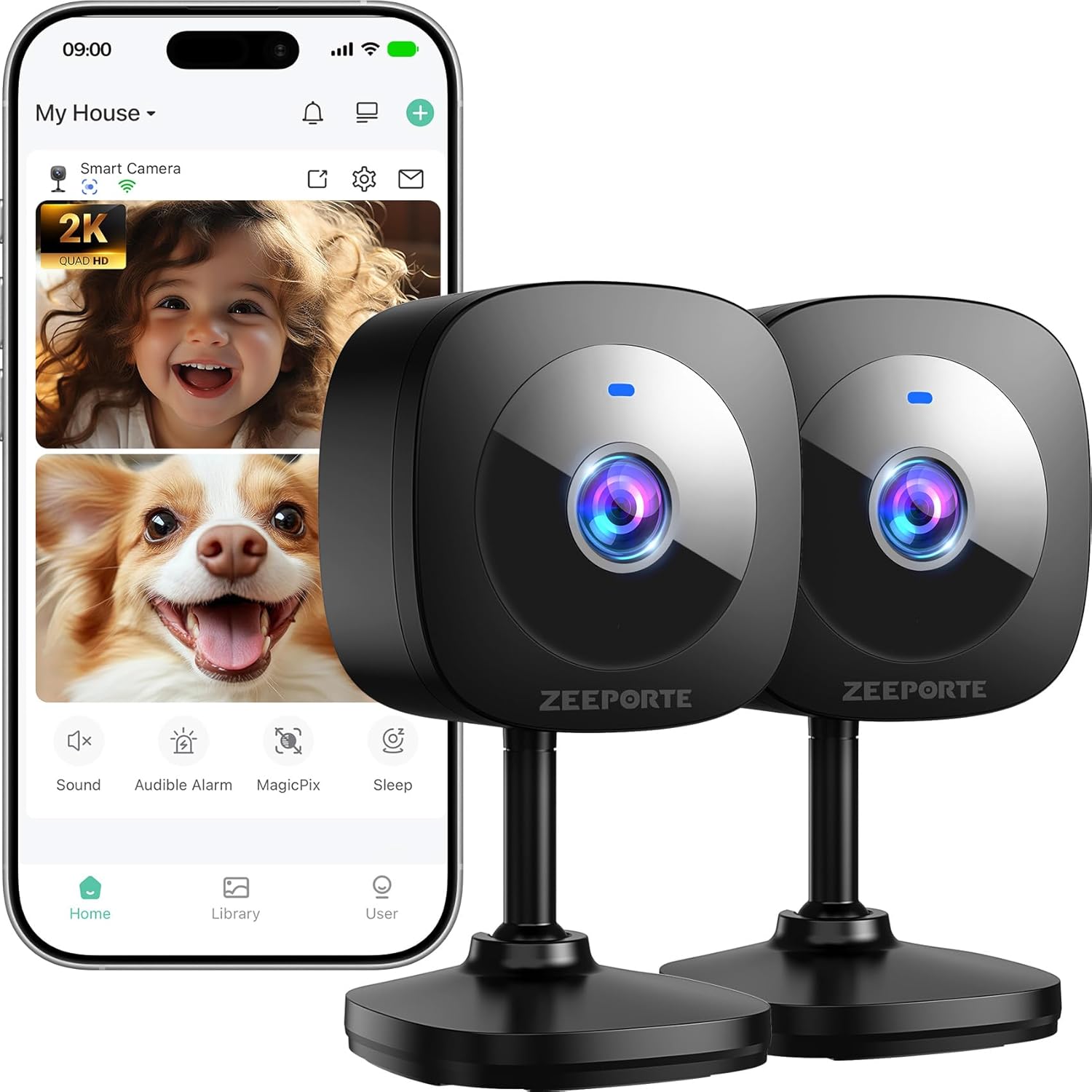 ZEEPORTE 2K Indoor Cameras for Home Security - Baby Monitor and Dog Pet Camera with Motion Detection, 2-Way Audio, Night Vision, Siren, Wired Security Camera - Works with Alexa and Google Home(2-Pack)
