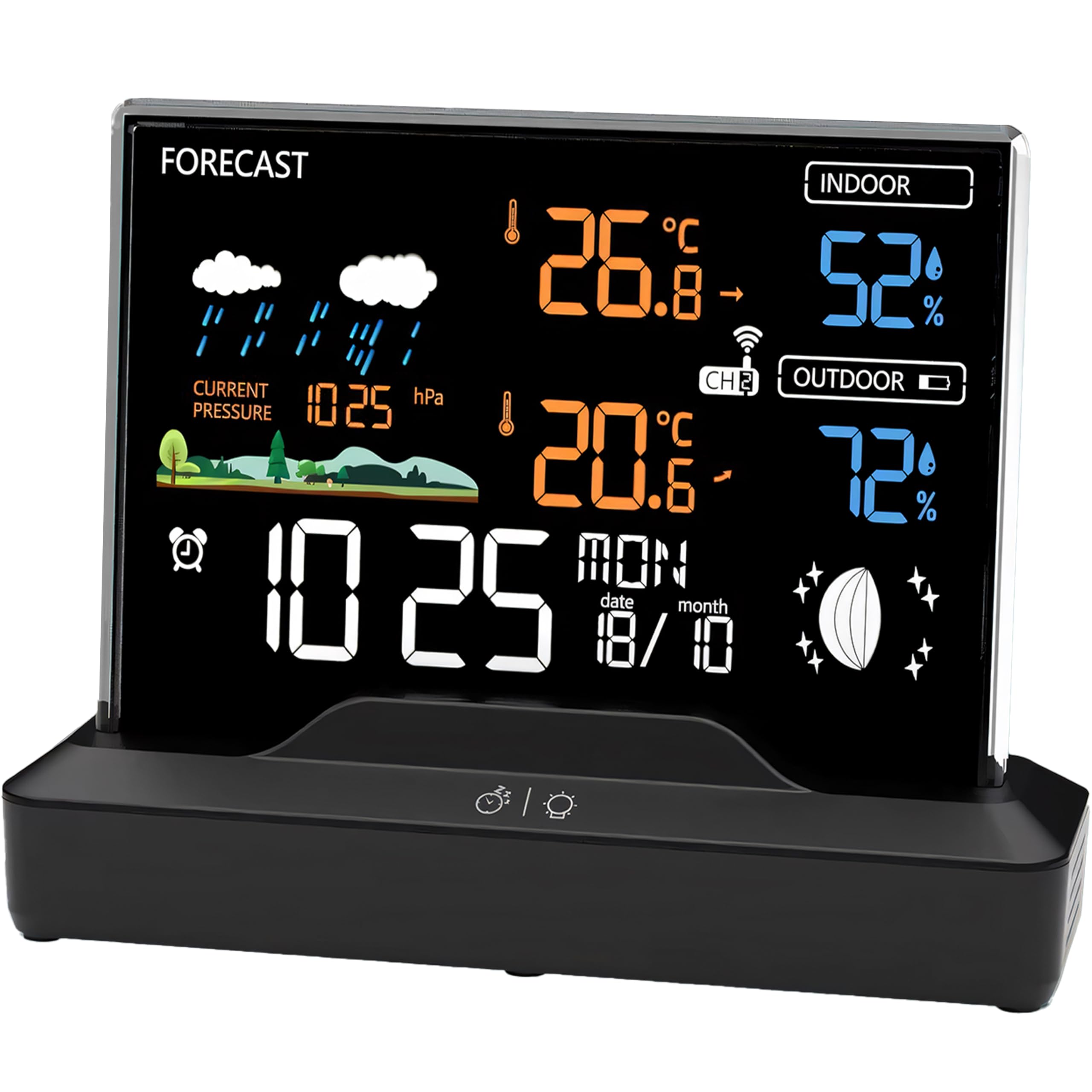 Retoo Stazione Meteo Wireless con Sensore Esterno, Termometro Igrometro Barometro, Display LCD, Previsioni, Fasi Lunari, Orologio Radiocontrollato, Sveglia, Nero