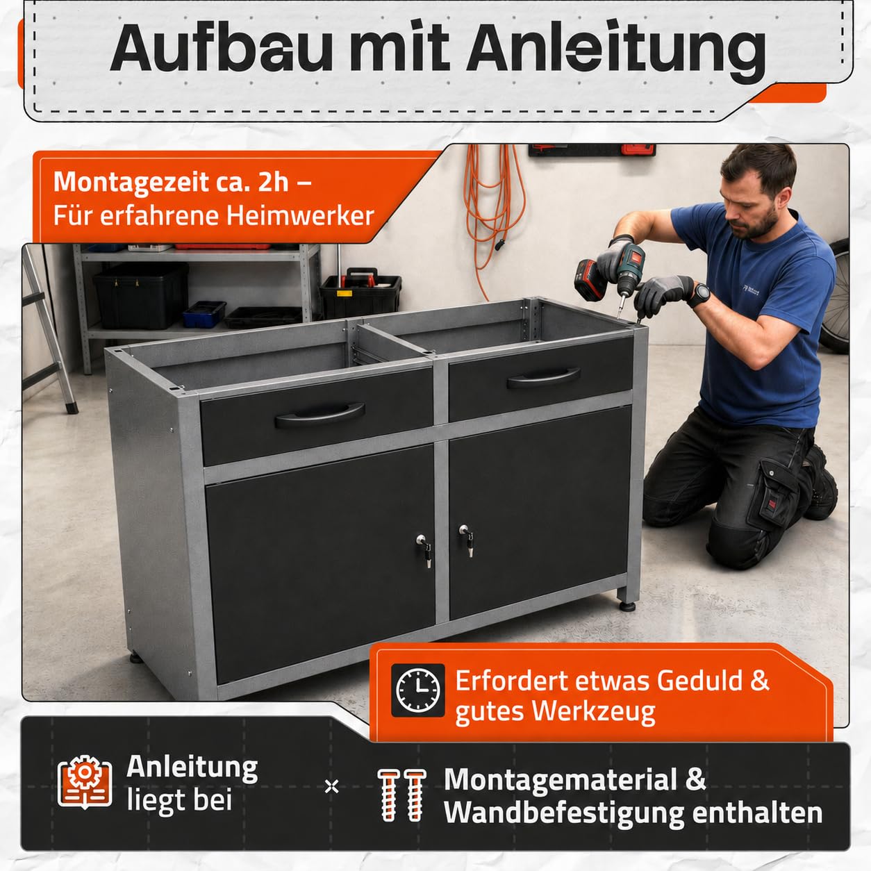 Ondis24 Werkbank Metall mit Schubladen, 2 Schubladen & 2 Türen, Werkstatt Metall 120 cm, Werktisch 120cm, Montagewerkbank, 28mm Buchenholzarbeitsplatte, Werkstatteinrichtung