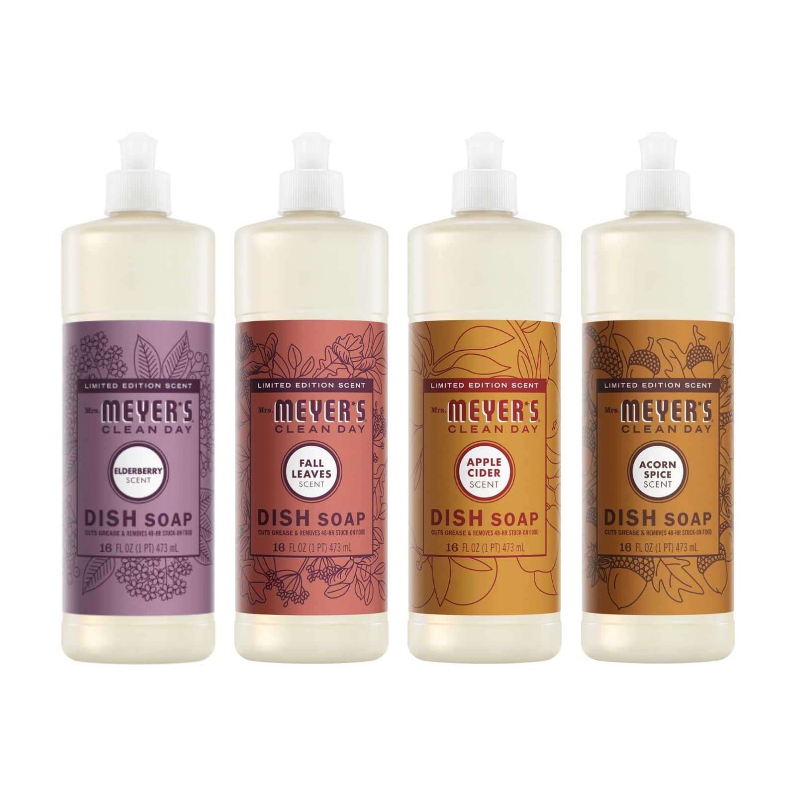 Mrs. MEYER'S Fall Scent Dish Soap, 1 Acorn Spice, 1 Apple Cider, 1 Fall Leaves, 1 Elderberry, 16 FL OZ Each, 4 CT (Variety Pack)