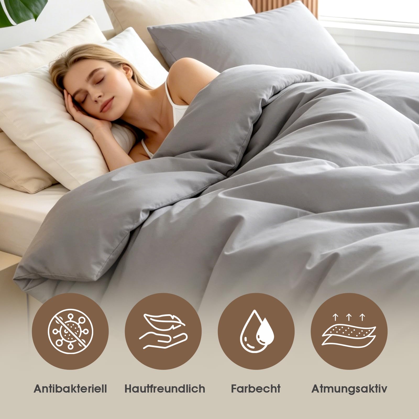 Bettbezug 200x200cm aus 100% Baumwolle (200 TC) – Grau, ohne Kissenbezug, mit Reißverschluss & Eckbändern, Oeko-Tex Zertifiziert, allergikerfreundlich, pflegeleicht