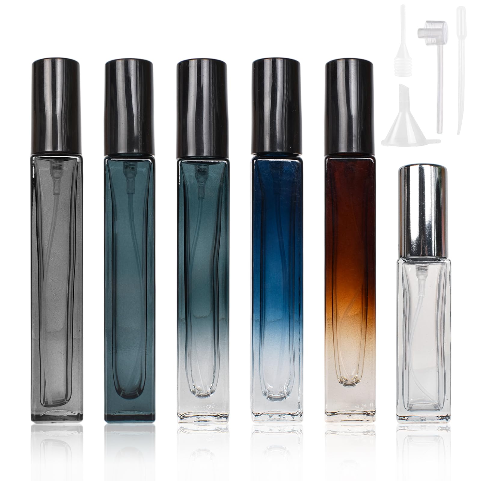Tragbare Parfümflaschen Mit Farbverlauf – 10 Ml, Quadratisches Glas, Nachfüllbar Mit Sprühkopf & Pipette, 6 Stück Set
