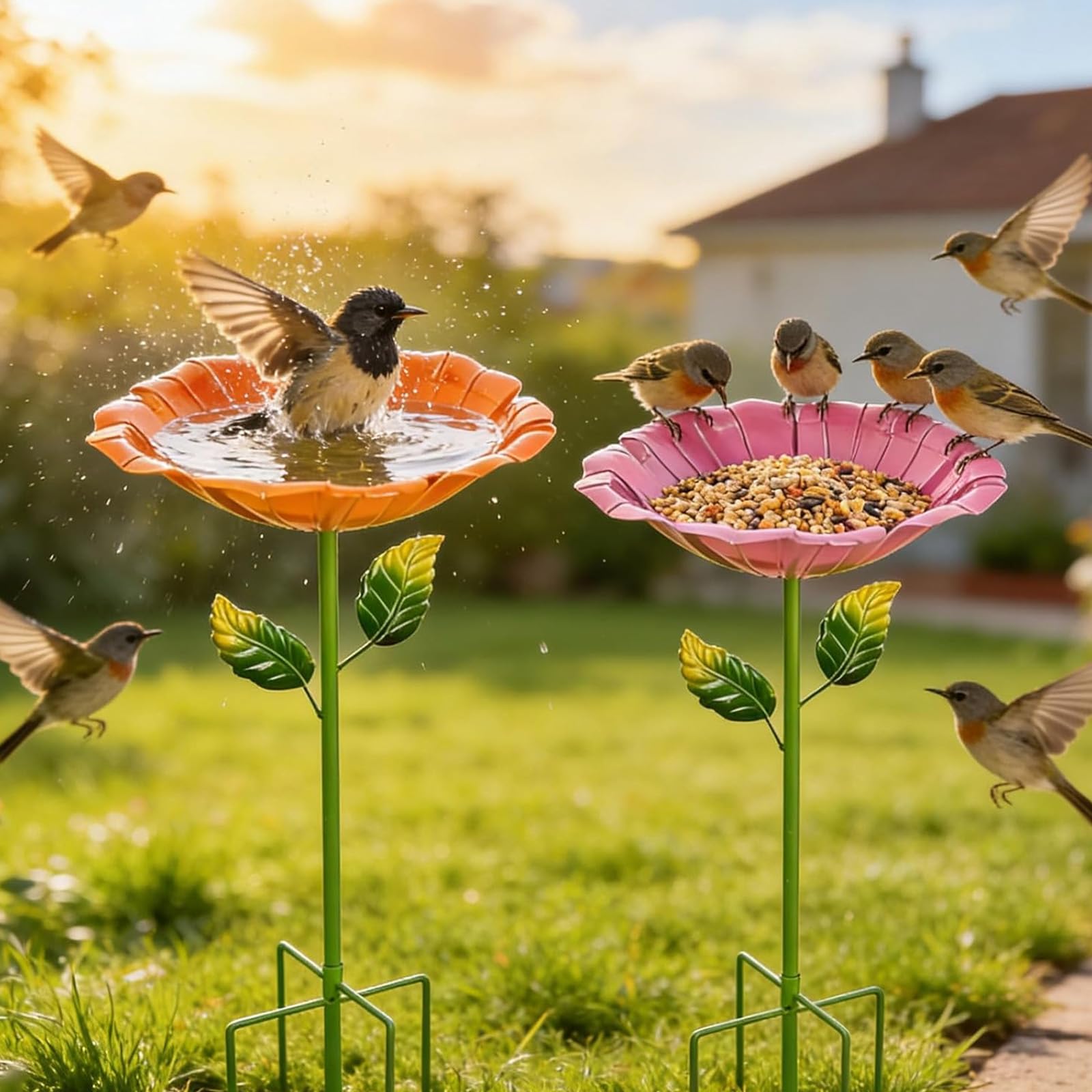 Bain d'Oiseaux 2 Pièces Abreuvoir Oiseaux Exterieur sur Pied Mangeoires pour Oiseaux Bassin Jardin