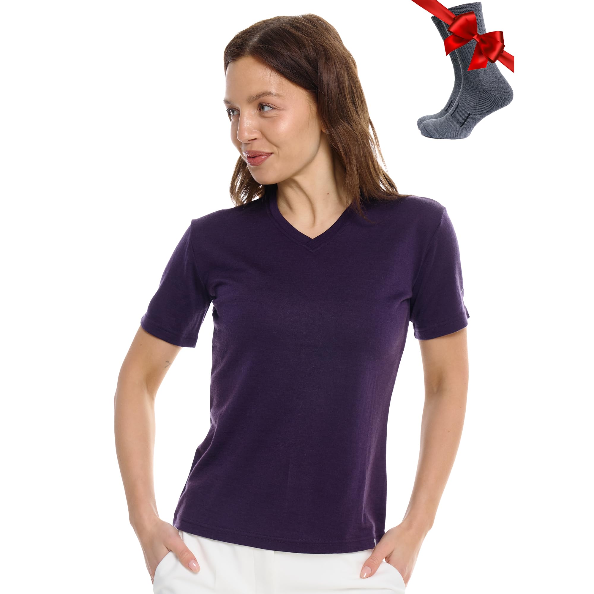 Merino.tech Camiseta Lana Merino Mujer — 100% Merino Lana Camiseta Interior Mujer con Calcetines (Large, Dark Purple V-Neck)