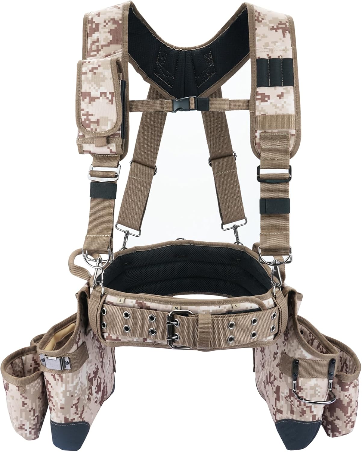 MELOTOUGH Camo Tool Belt with Suspenders Camouflage Tool Pouch Supenders Framers Combo Apron Tool Belt Construction Tool Bag Suspenders Heavy Duty Carpenter Suspension Rig for Electrician(Kahki Camo)