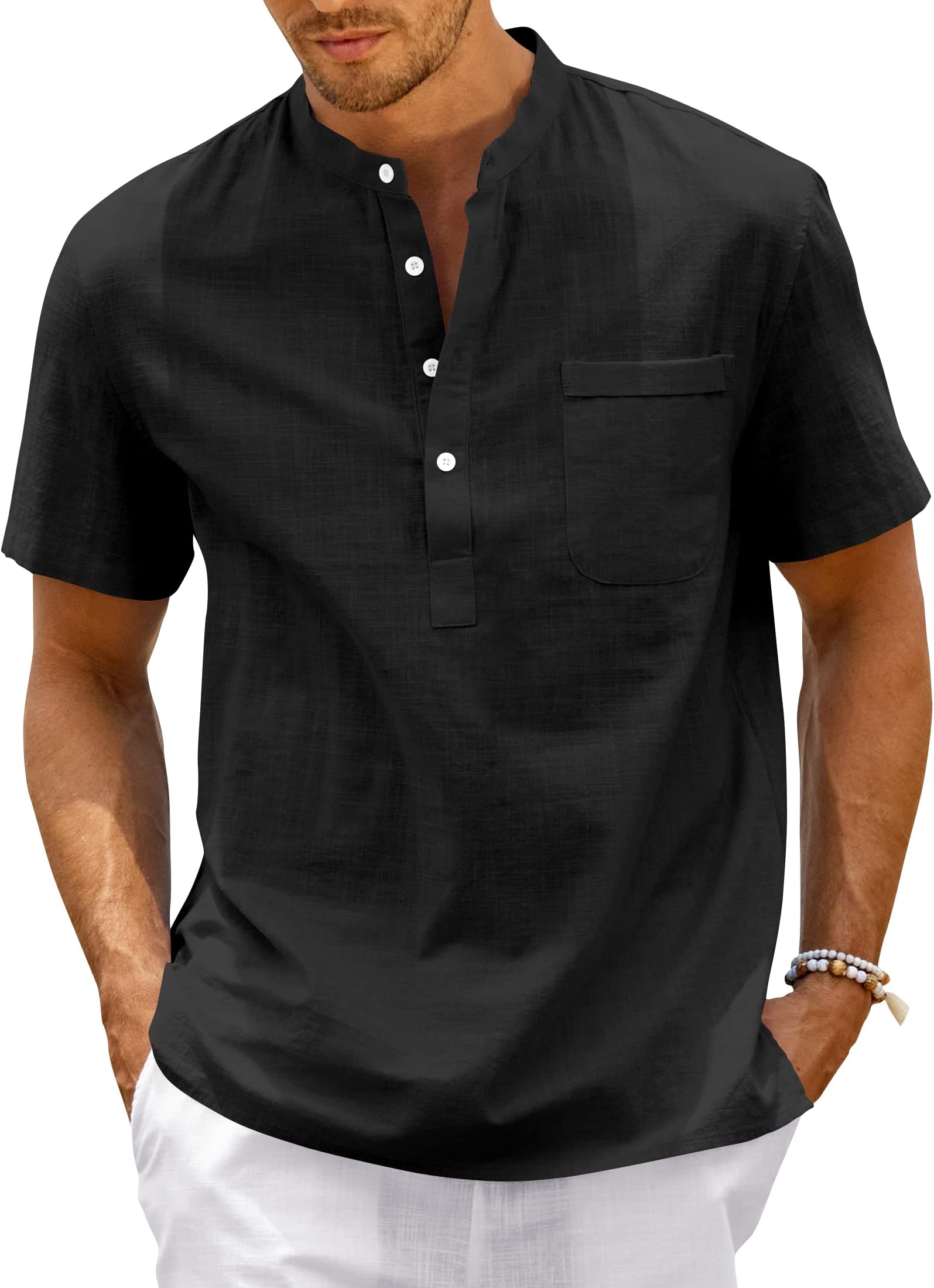 Enjoybuy Mens Linen Henley Shirts Short Sleeve Summer Beach Casual Plain T Shirt Button Up Tee Shirts Tops