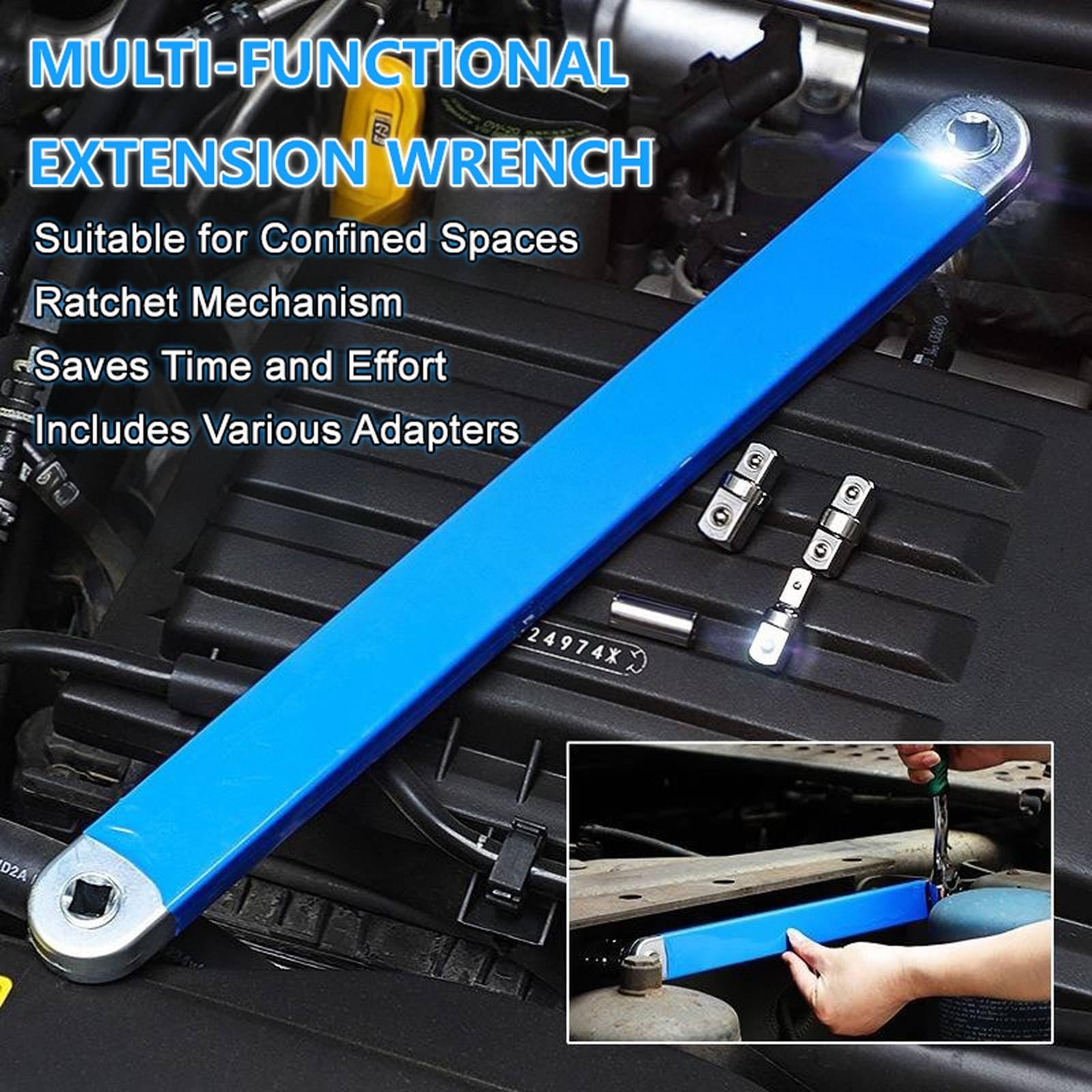 Offset Extension Wrench Set, Schraubwerk Offset Schlüssel, Verlängerungsschlüssel, Ratschenverlängerung mit Kettenantrieb, Inkl. 1/4", 3/8" & 1/2" Adapter Blue,39cm