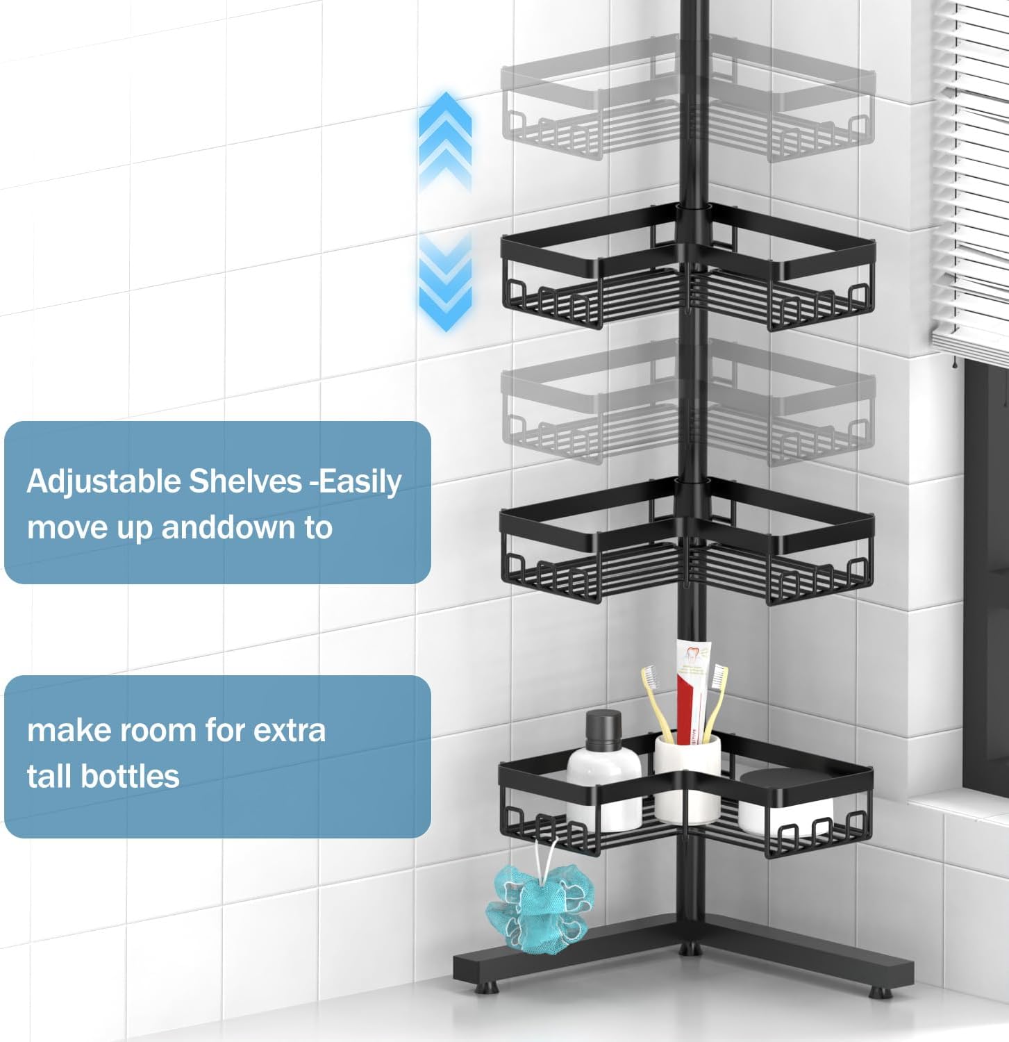 KEGII Standing Shower Caddy Corner, 3 Tier Adjustable Shelves Rustproof Floor Shower Organizer with 18 Hooks and Adjustable Feet, Bathroom Corner Shelf Rack, Black