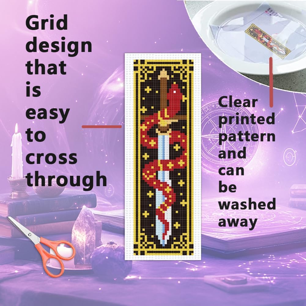 INFUNLY 12pcs Sun Moon Astrology Cross Stitch Bookmark Kit for Beginners DIY Evil Eye Stamped Embroidery Bookmark Kits Star Snake Needlepoint Kit with Instruction Easy Cross Stitch Set for Book Lovers image 3