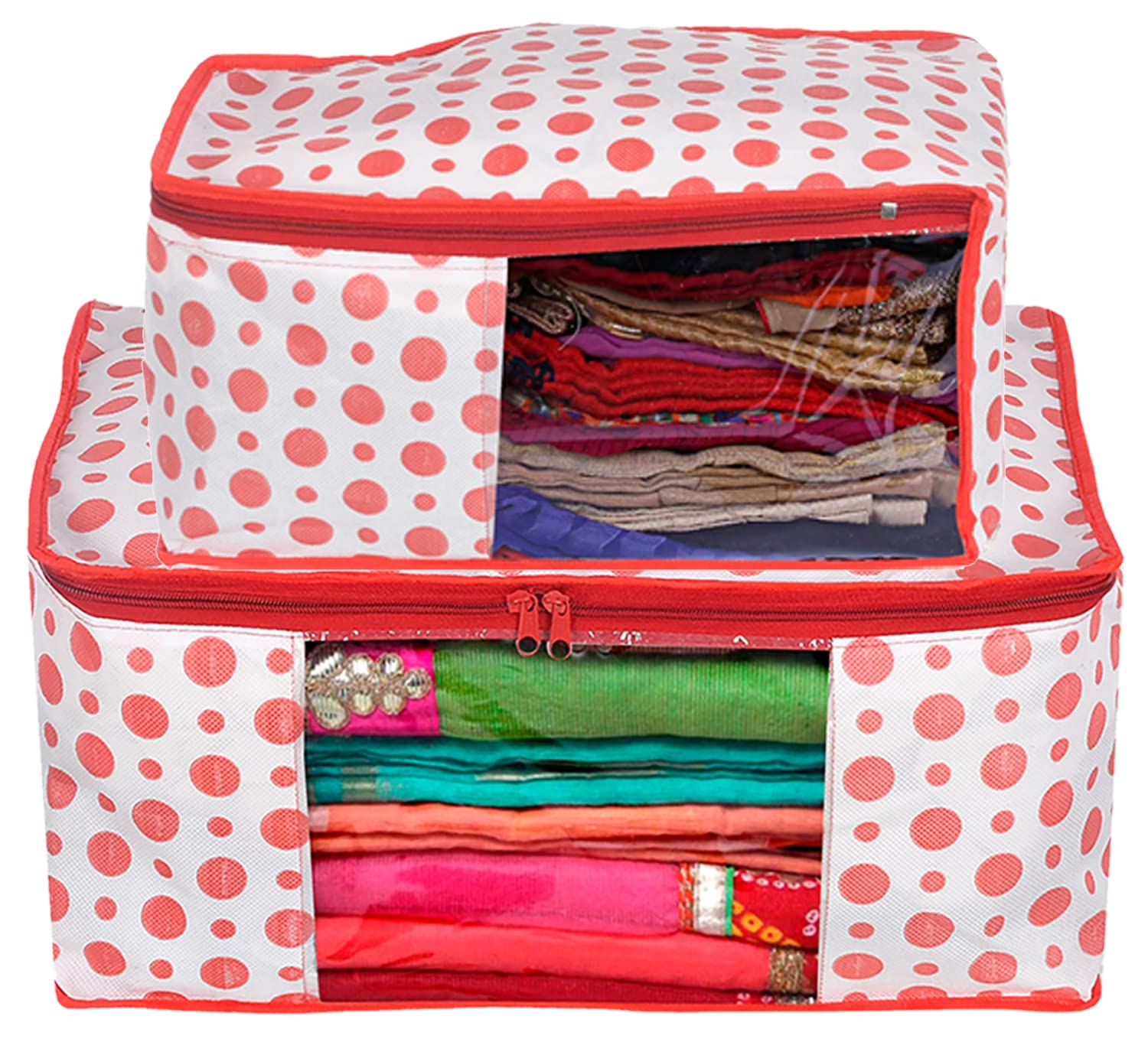 Fun Homes Dot Printed Foldable, Lightweight Non-Woven Blouse & Saree Cover/Organizer Set With Tranasparent Window- Pack of 2 (Pink)-46FH0471