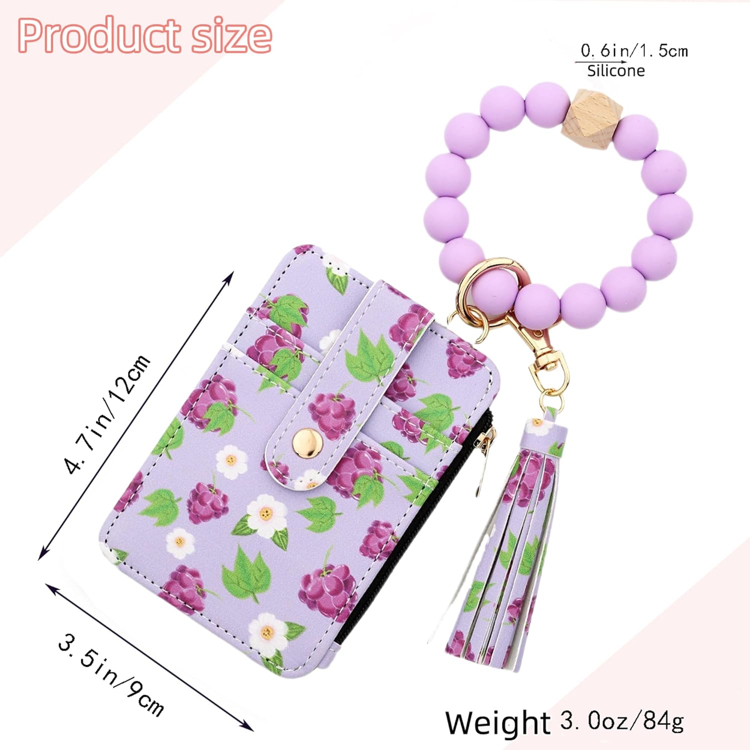Flower Keychain Wristlet Wallets for Women Cute Silicone Beaded Credit Card Holder Key Ring Bracelet Wallet (Grape) - Image 7
